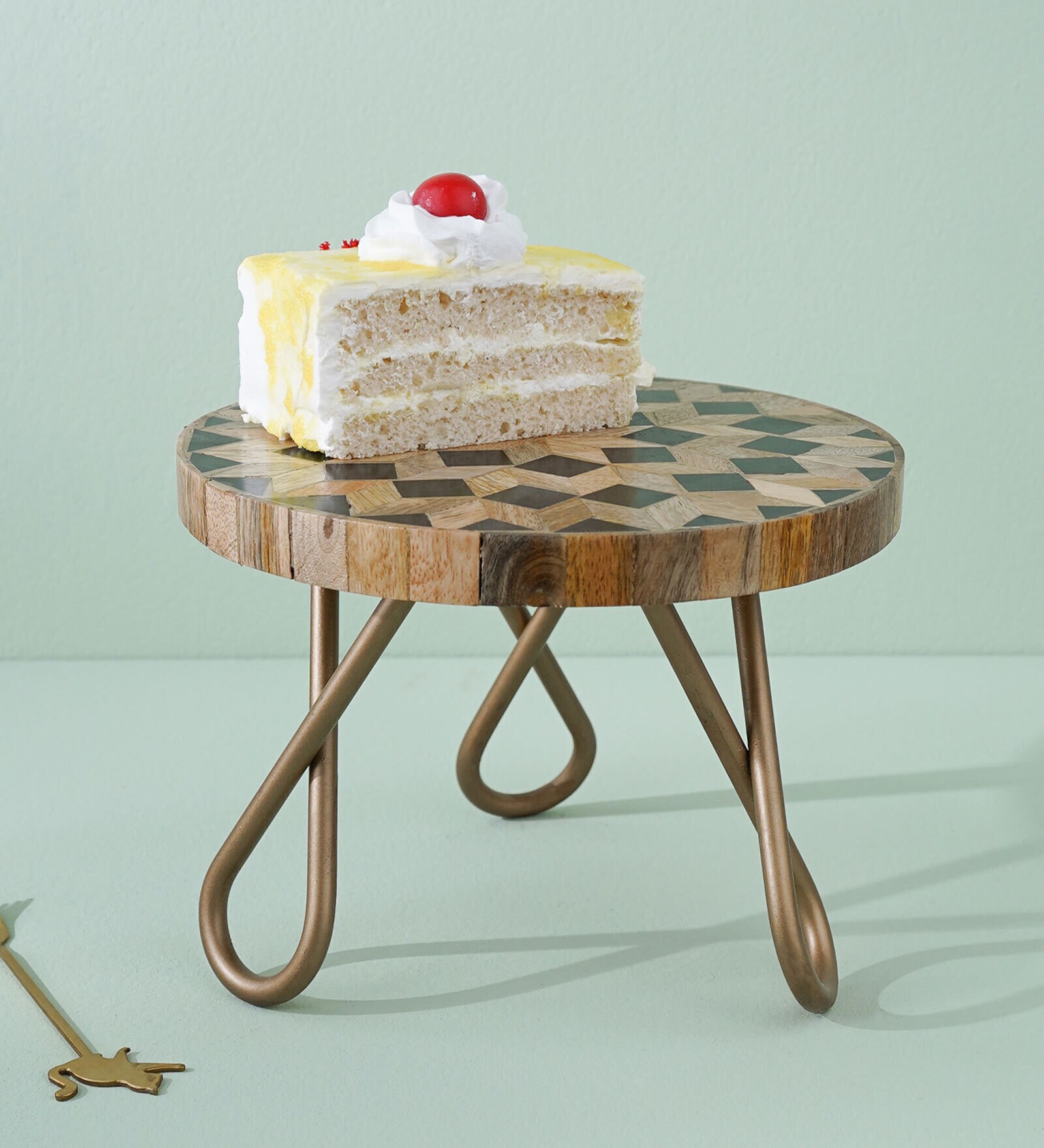 Modern Scandinavian Brown & Gold MDF & Metal Cake Stand