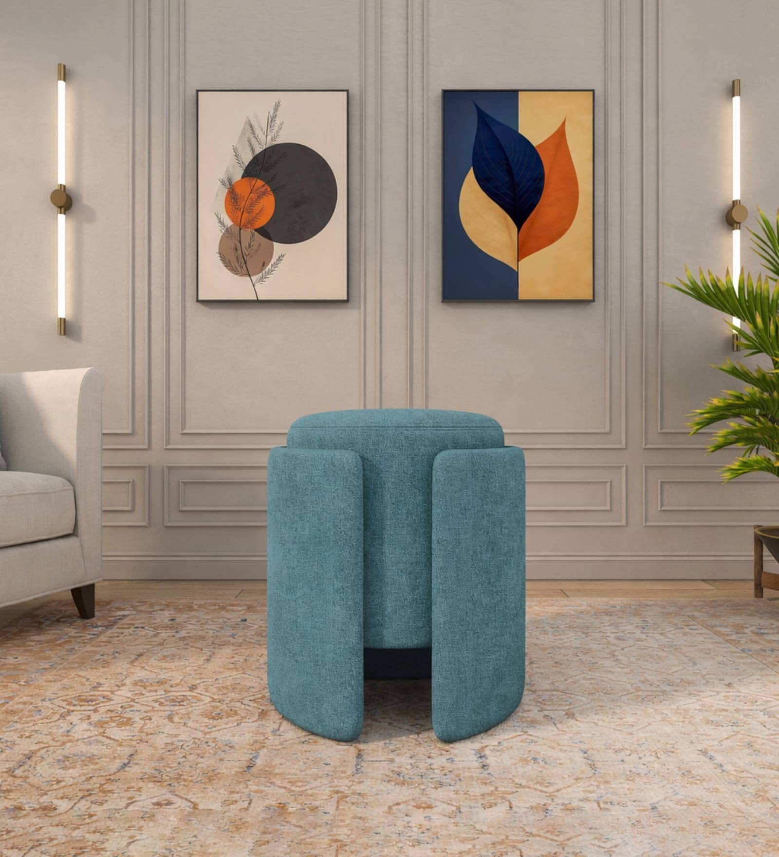 Modern Sculptural Accent Ottoman In Azure Teal Colour Modern Sculptural Accent Ottoman In Azure Teal Colour