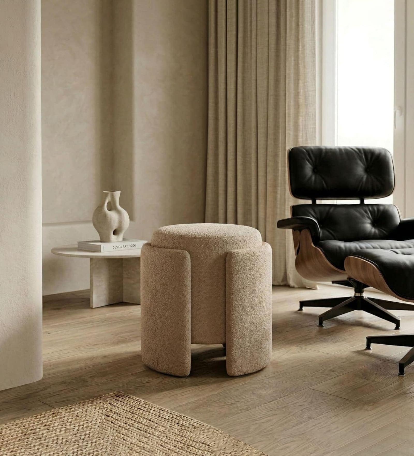Modern Sculptural Accent Ottoman In Cream Colour Modern Sculptural Accent Ottoman In Cream Colour