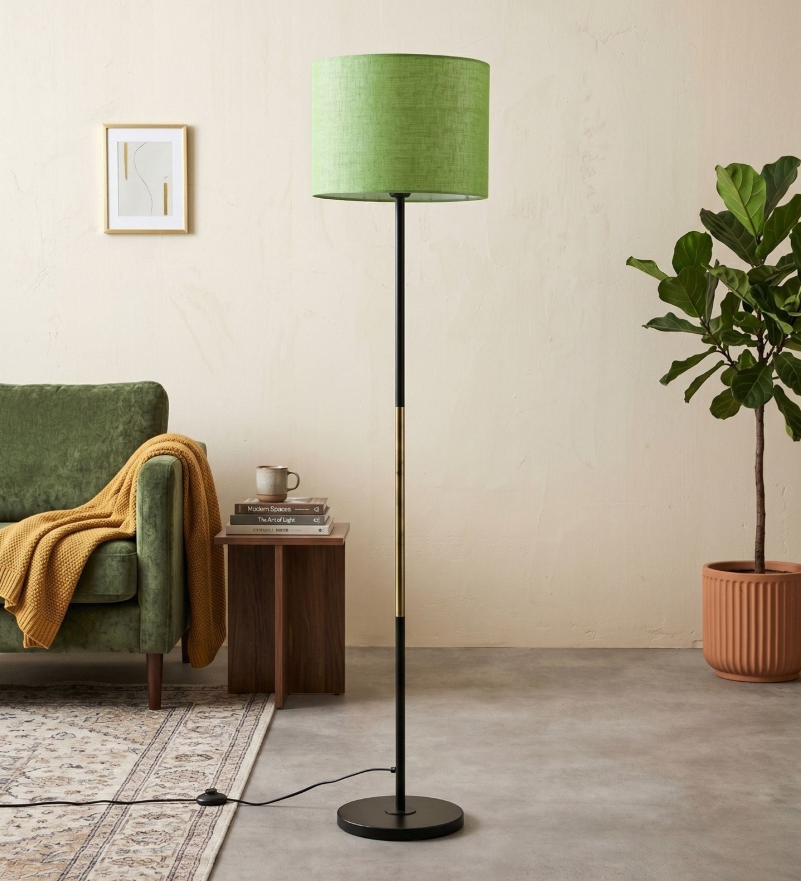 Modern Slim Black Metal Floor Lamp for Living Room & Bedroom with Fabric Lampshade in Green Color