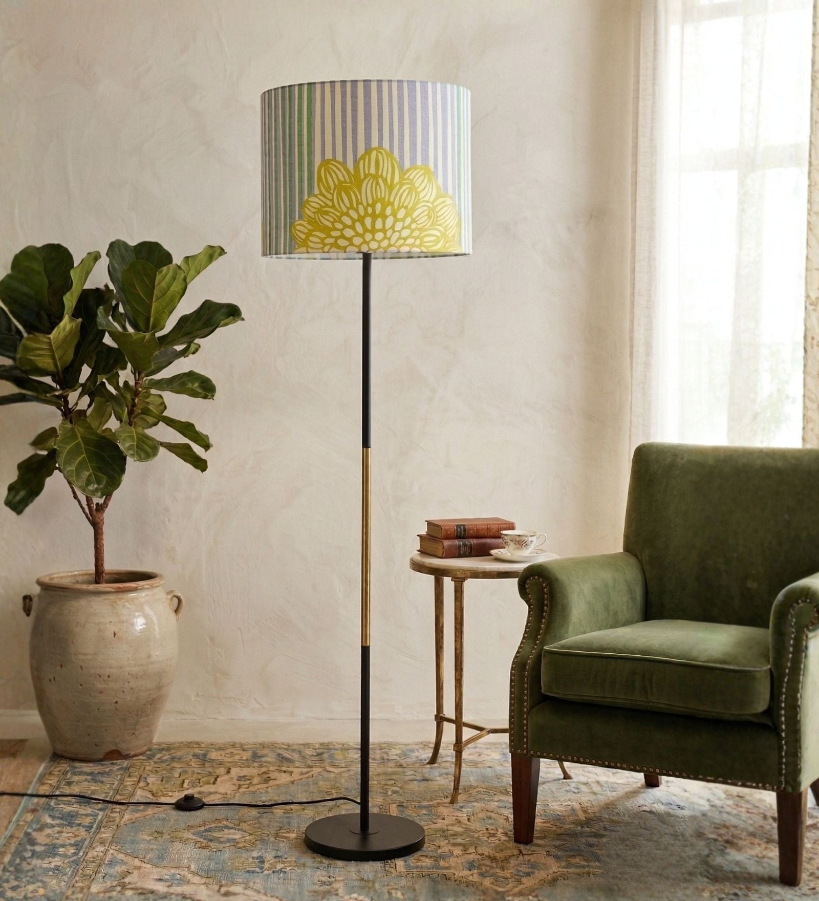 Modern Slim Black Metal Floor Lamp for Living Room & Bedroom with Printed Fabric Lampshade in Blue/Green Color