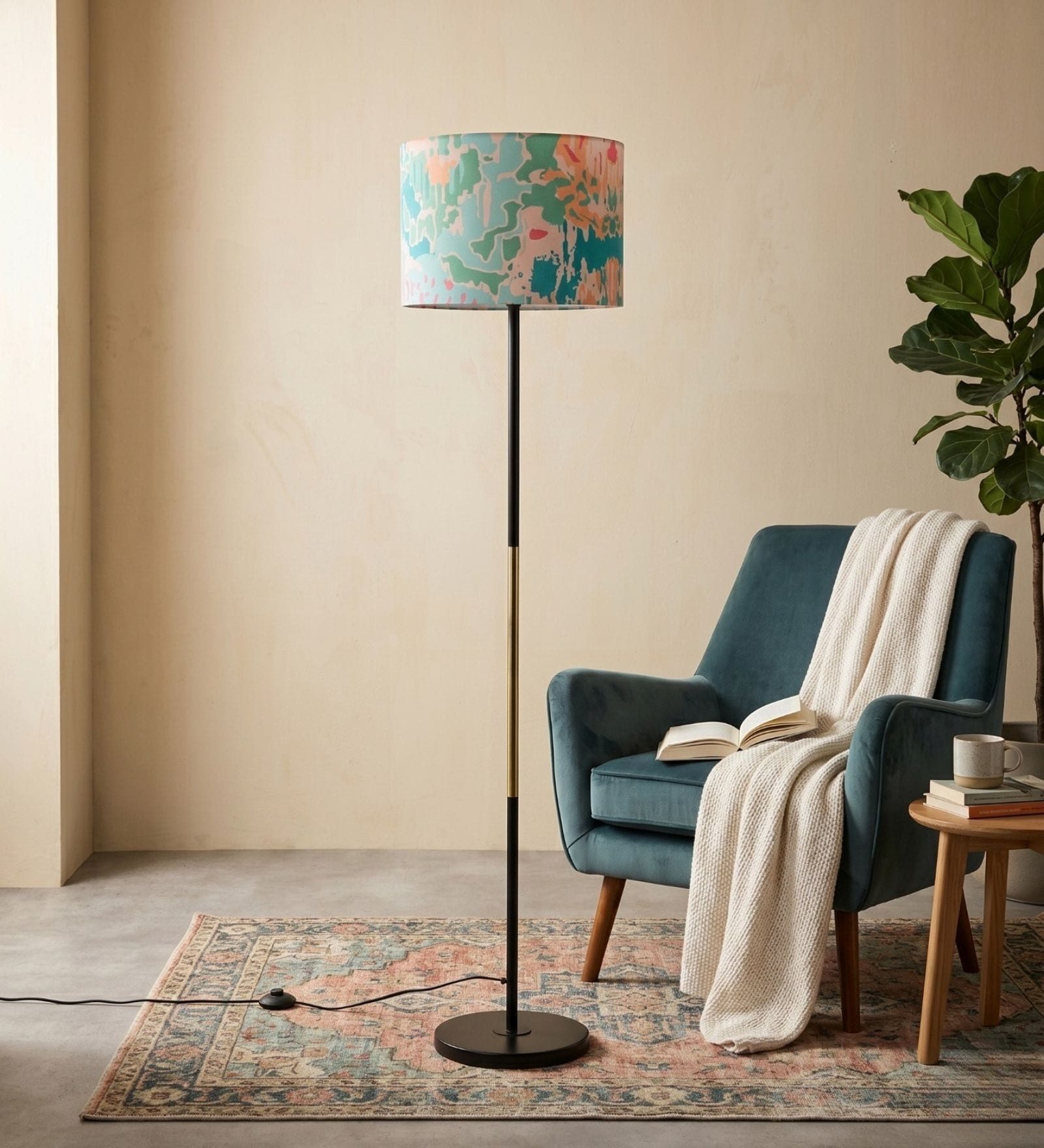 Modern Slim Black Metal Floor Lamp for Living Room & Bedroom with Printed Fabric Lampshade in Green Color