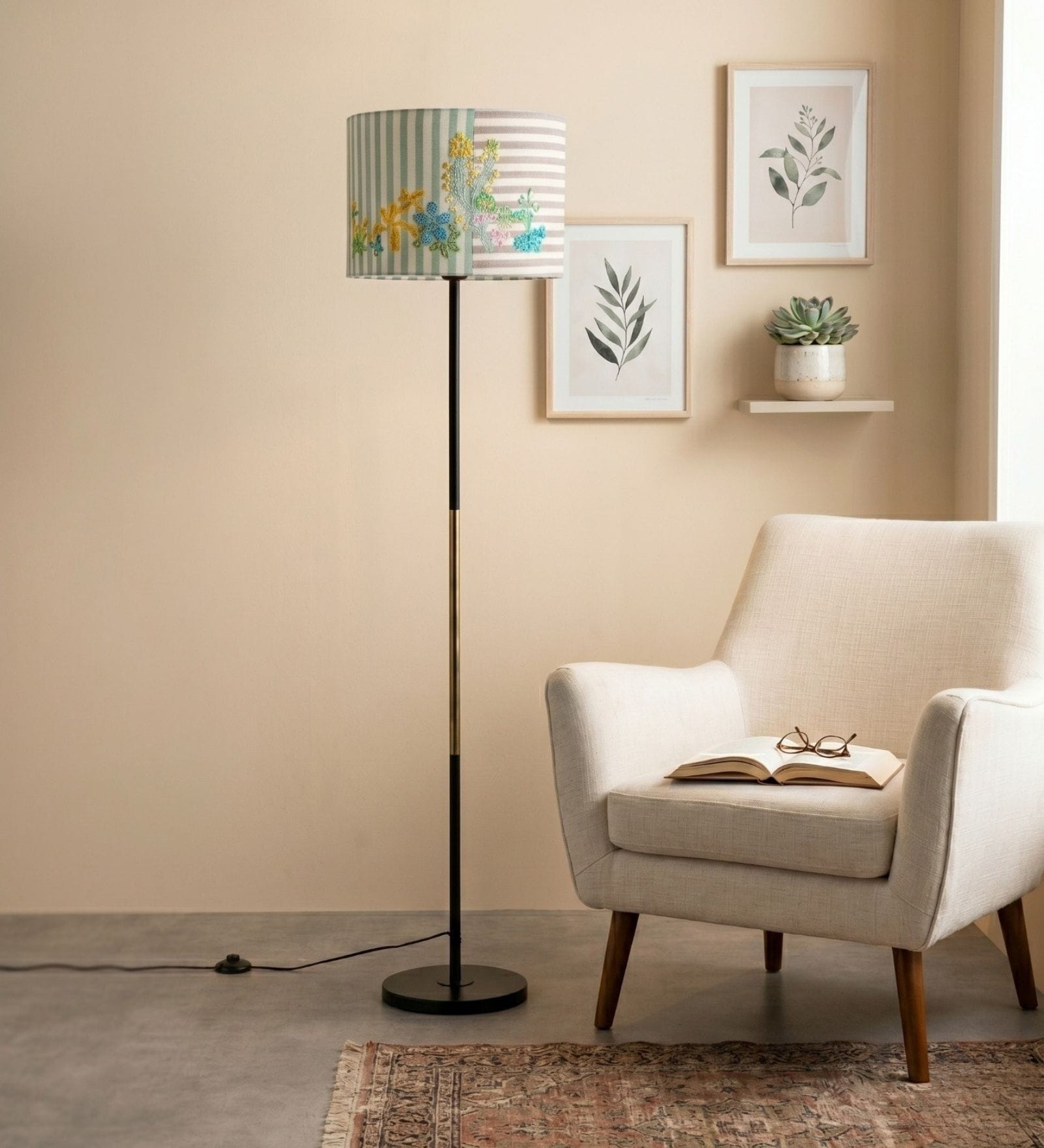 Modern Slim Black Metal Floor Lamp for Living Room & Bedroom with Printed Fabric Lampshade in Multicolor