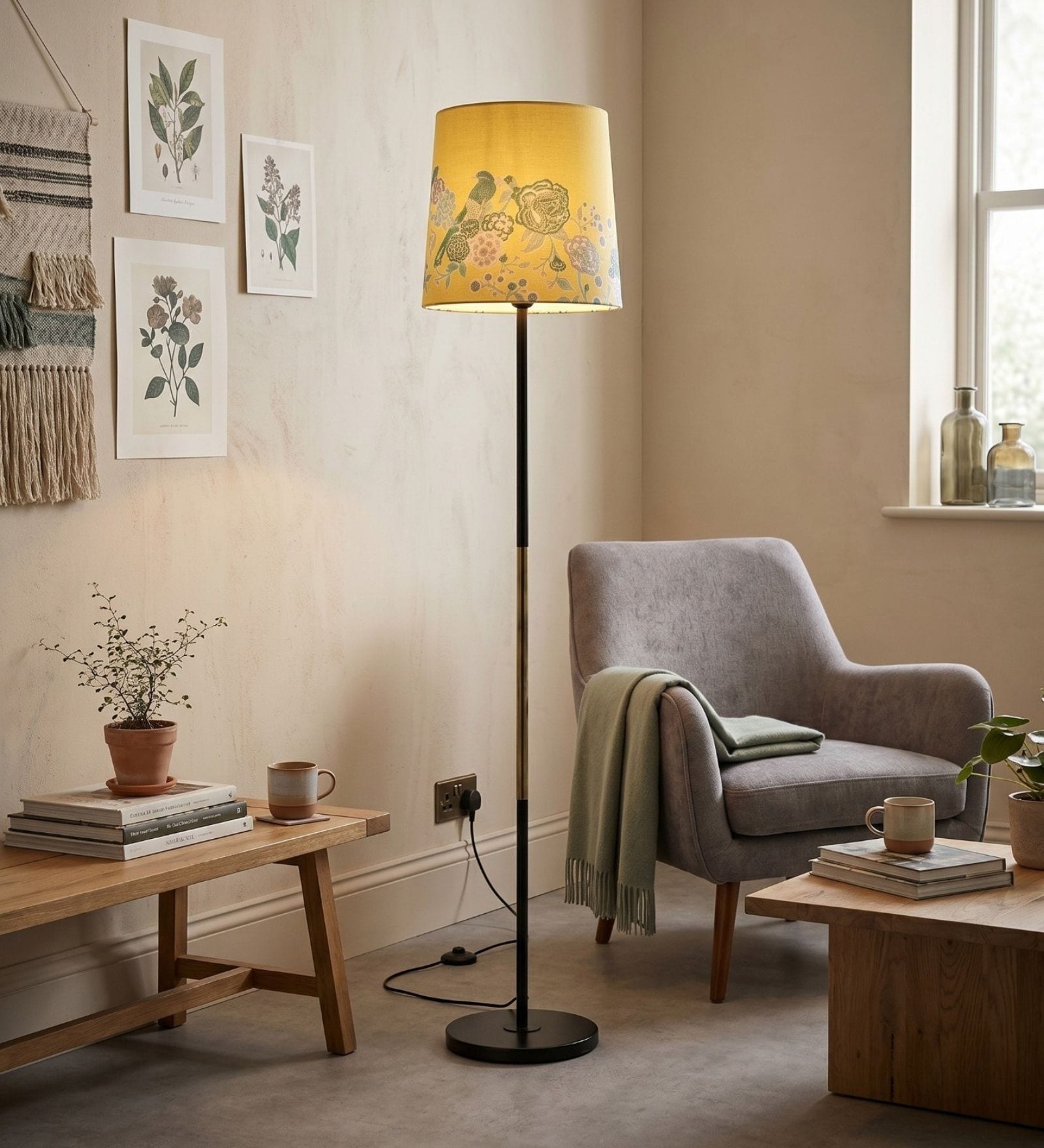 Modern Slim Black Metal Floor Lamp for Living Room & Bedroom with Printed Fabric Lampshade in Yellow Color