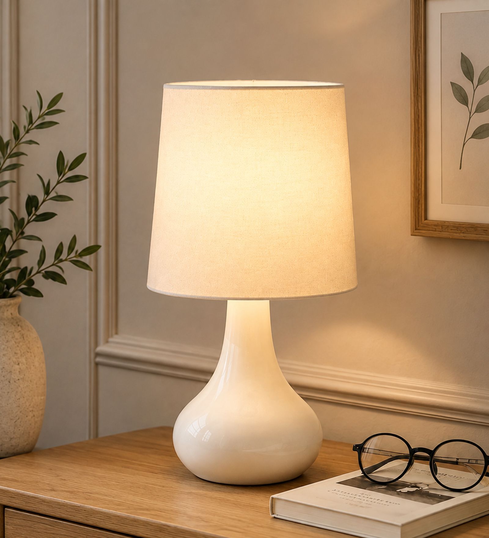 Modern Small Ceramic Night Table Lamp with White Fabric Shade