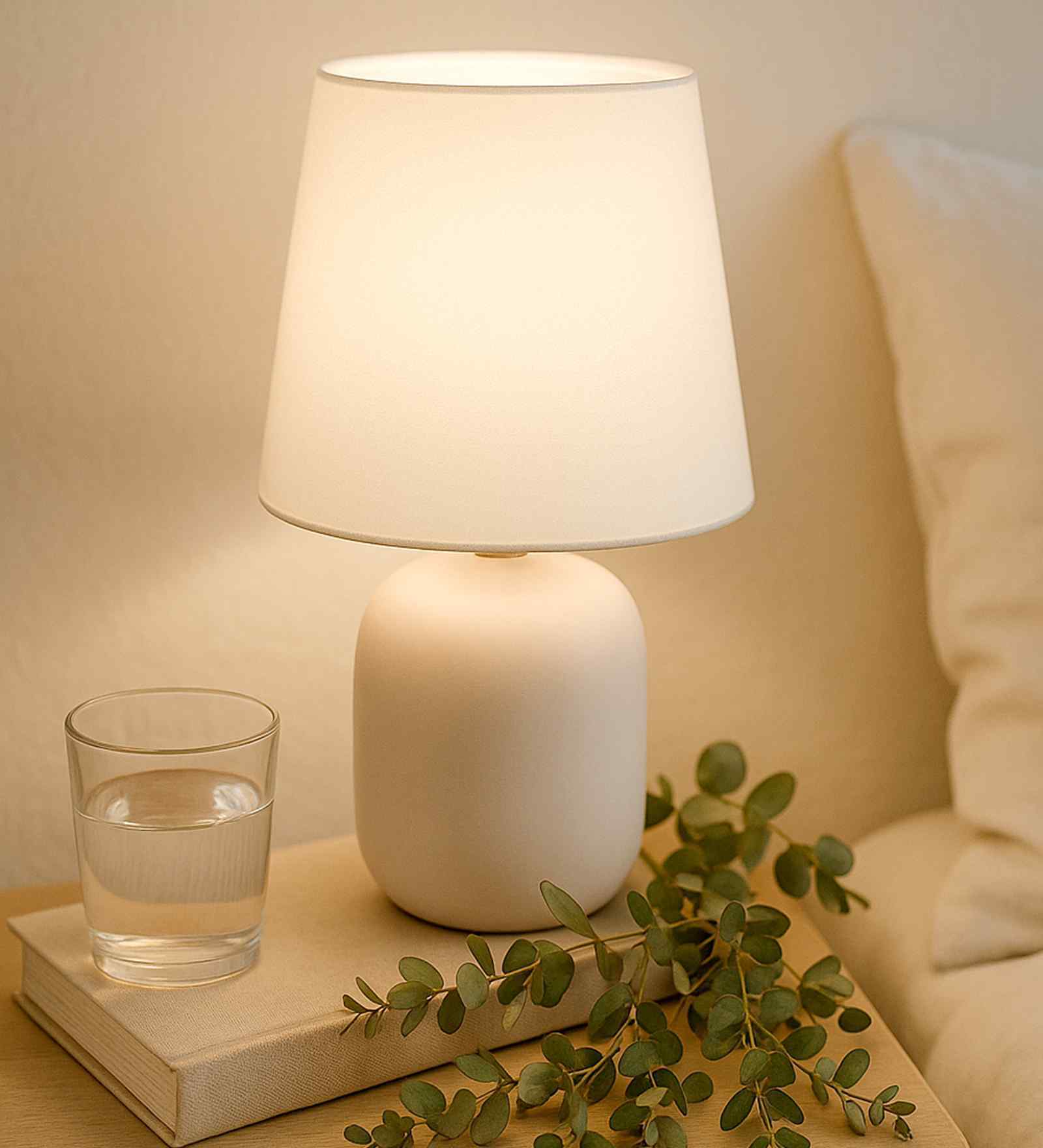 Modern Small Ceramic Table Lamp, Bedside Desk lamp for Living Room Bedroom, Farmhouse Nightstand Lamps Glossy Dovel, White Fabric Shade