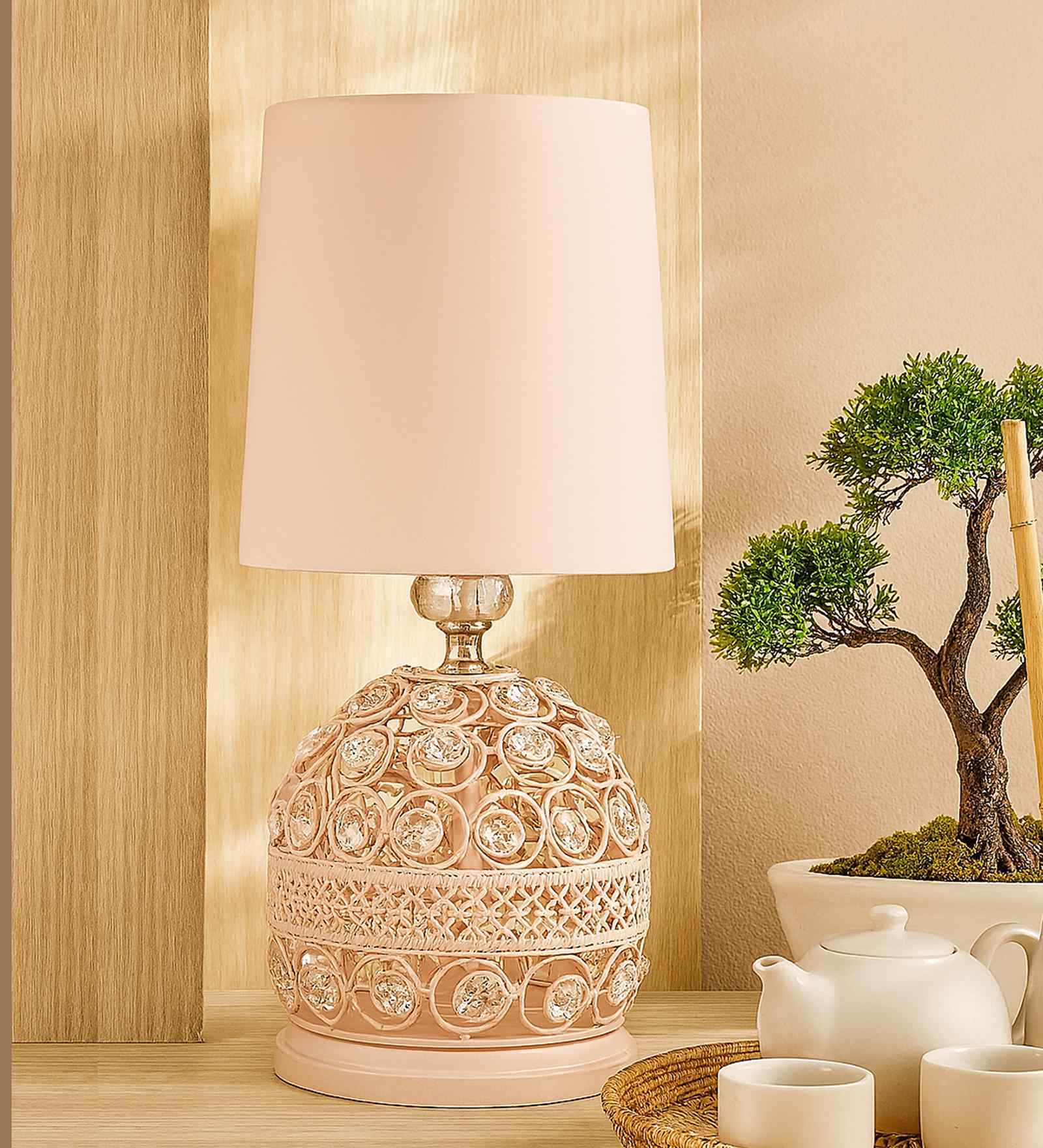 Modern Small Crystal Table Lamp,Contemporary Bedroom Bedside Nightstand Lamp,Desk Globe Lamp for Living Room Girls Kids Room, Pink Fabric Shade
