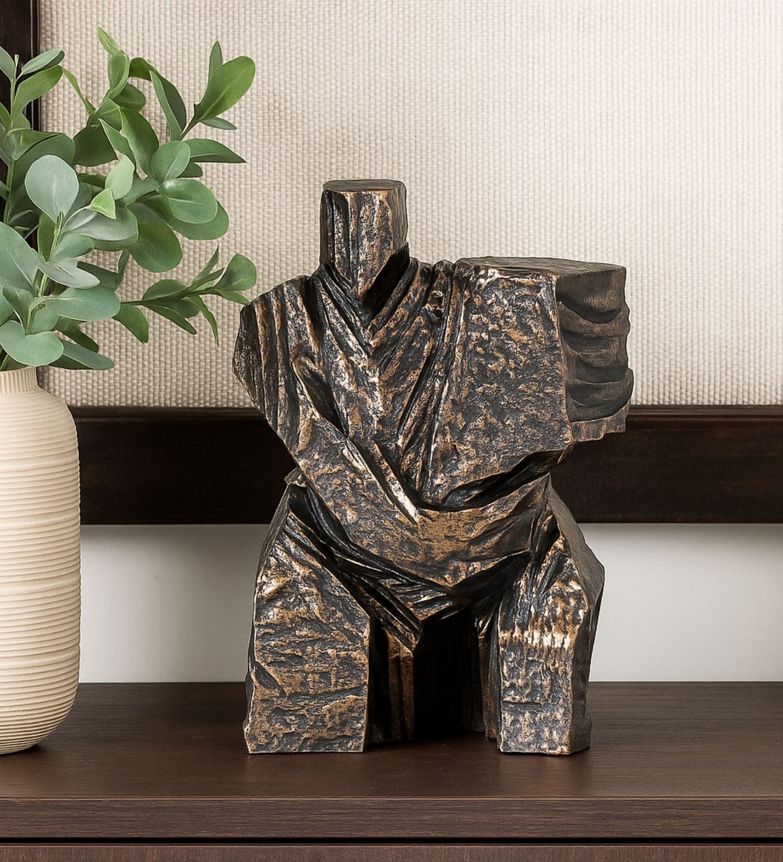 Modern Stone Finish Martial Art Sculpture Figurine, (Gold, 26.4cm)