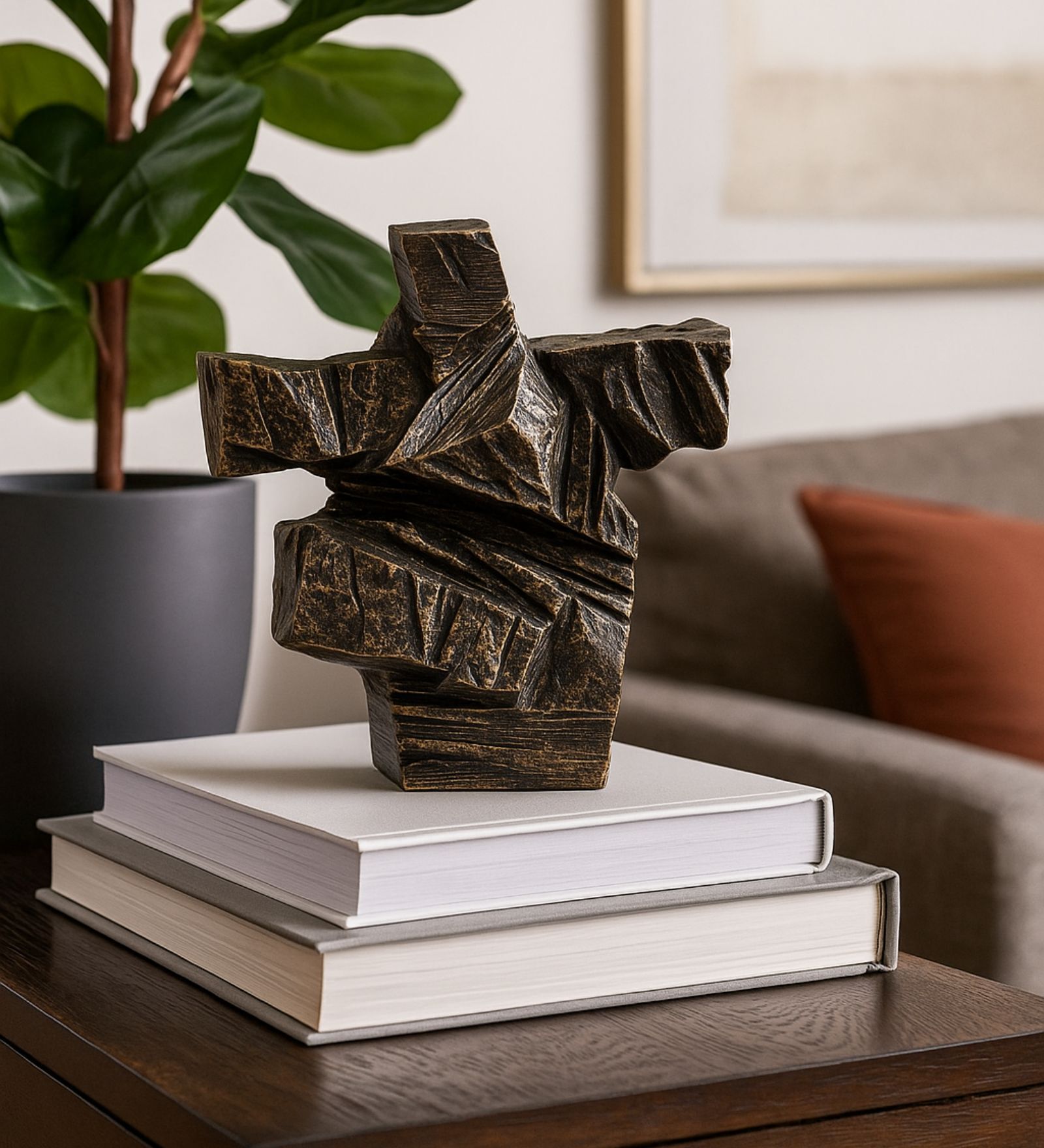 Modern Stone Finish Martial Art Sculpture Figurine, (Gold, 26.5cm)