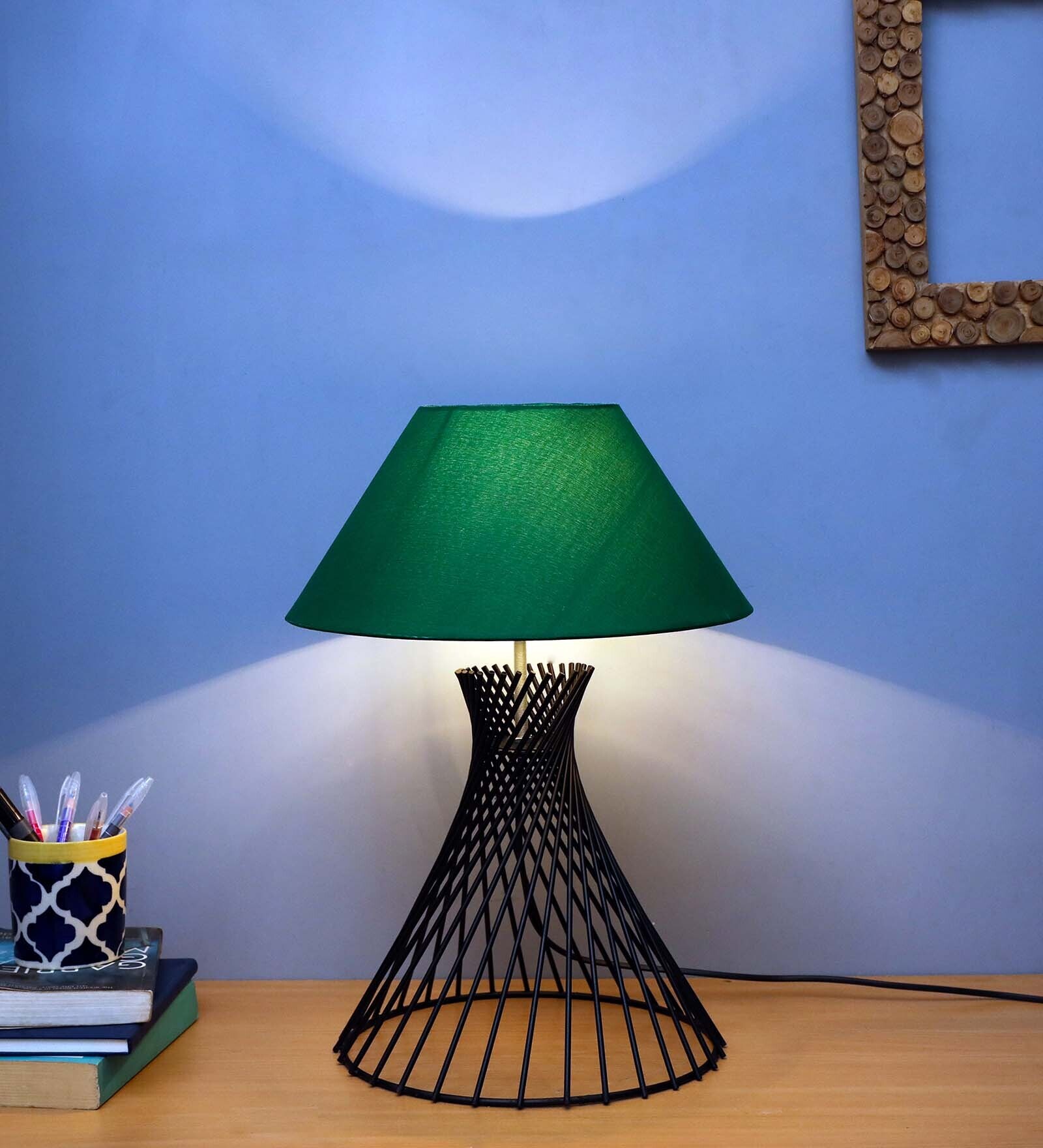 Buy Spiral Metal Wire Black Base with Green Fabric Shade Modern Table