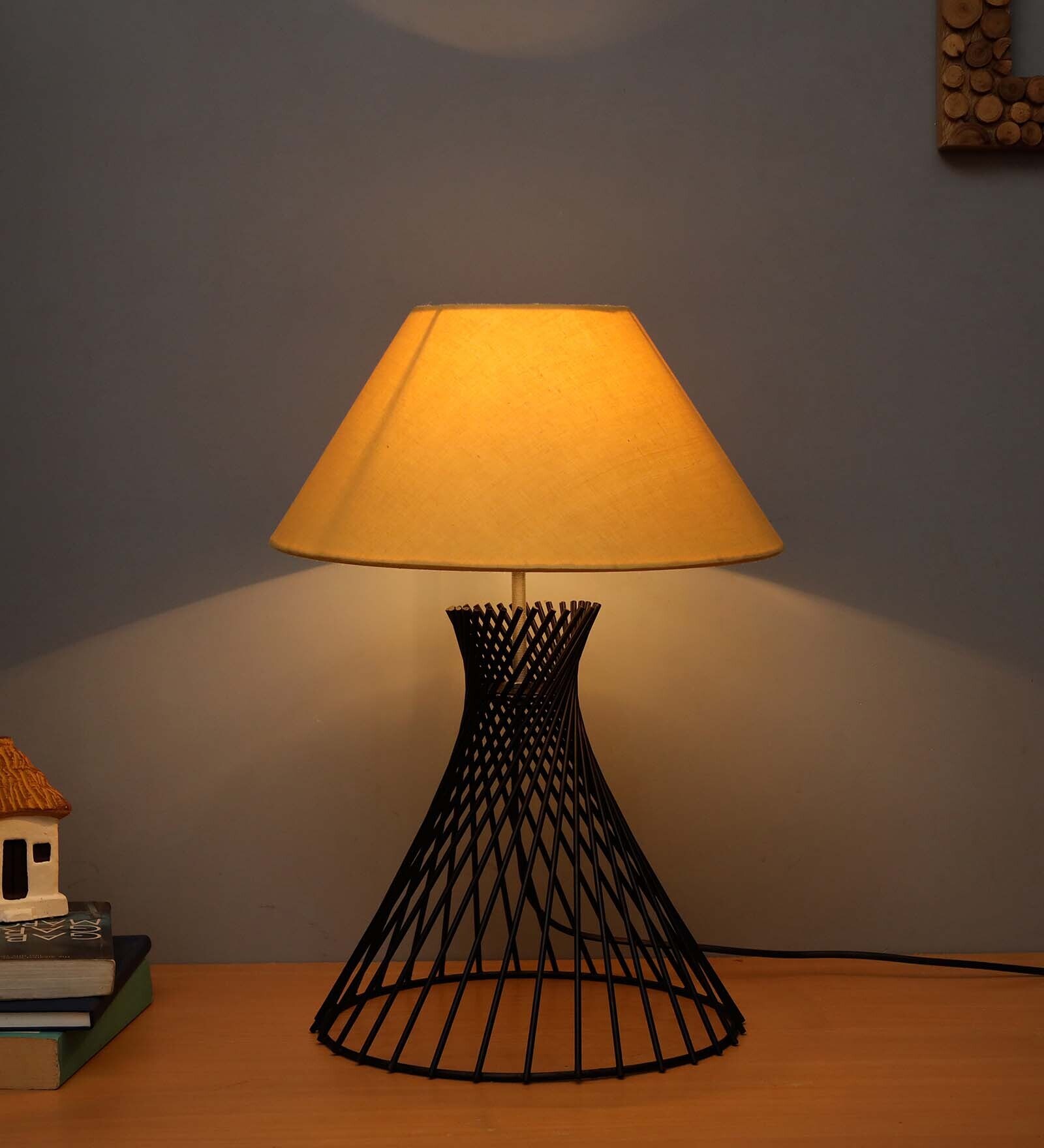 Spiral Metal Wire Black Base with White Fabric Shade Modern Table Lamps