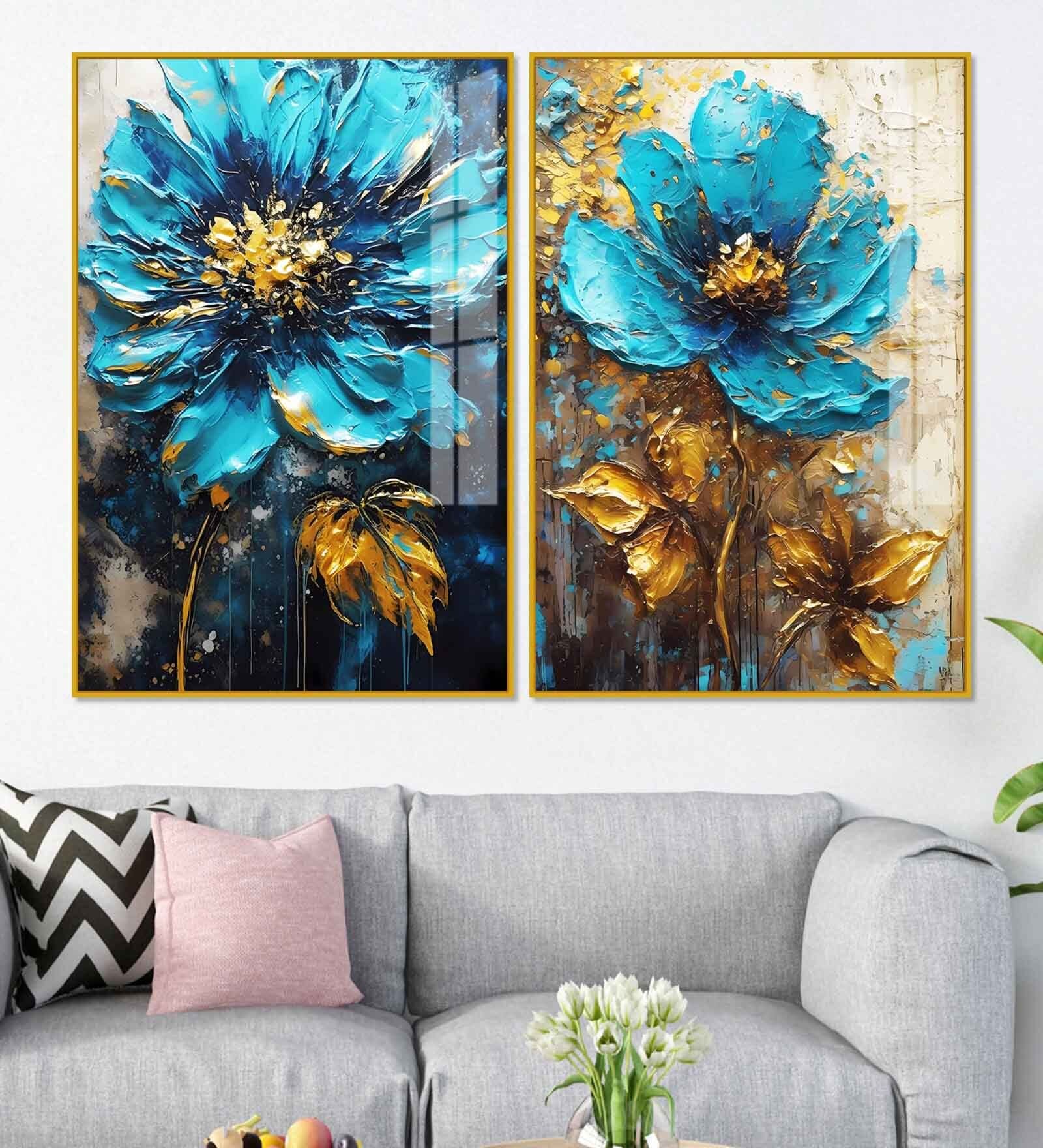 Modern Textural Blue Flower Artistic Acrylic Framed Art Panel (Set Of 2)