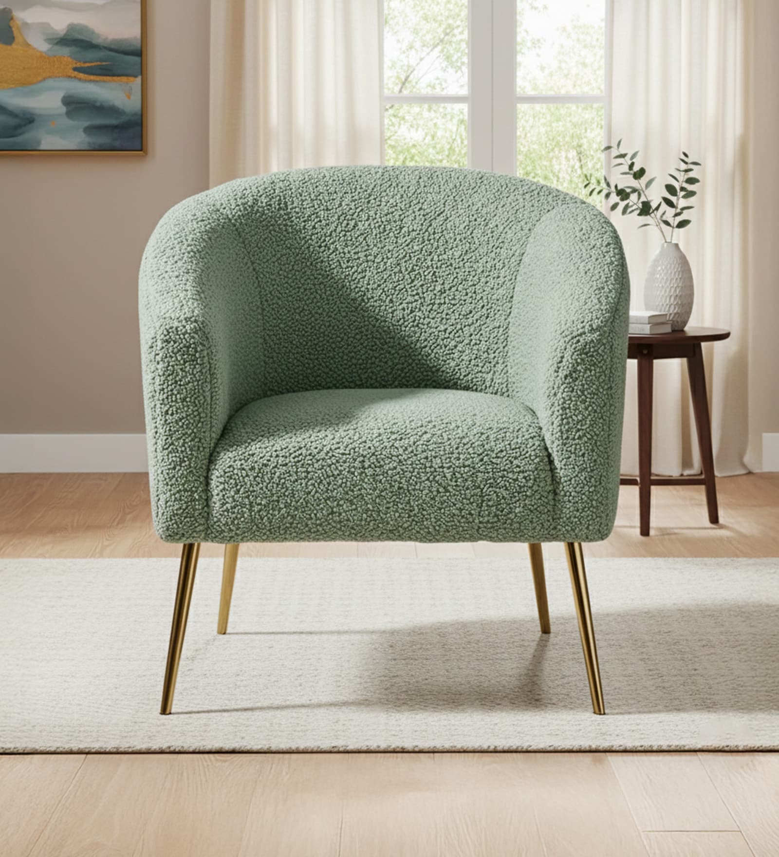 Modern Touch Velvet Fabric Barrel Chair in Green Colour