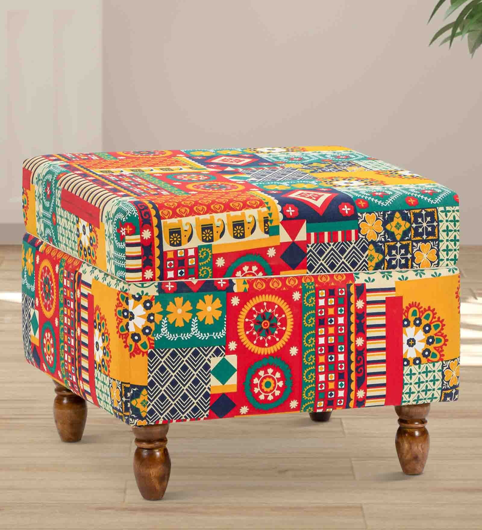 Modern Fabric Ottoman In  Floral Swirls Multicolor Colour
