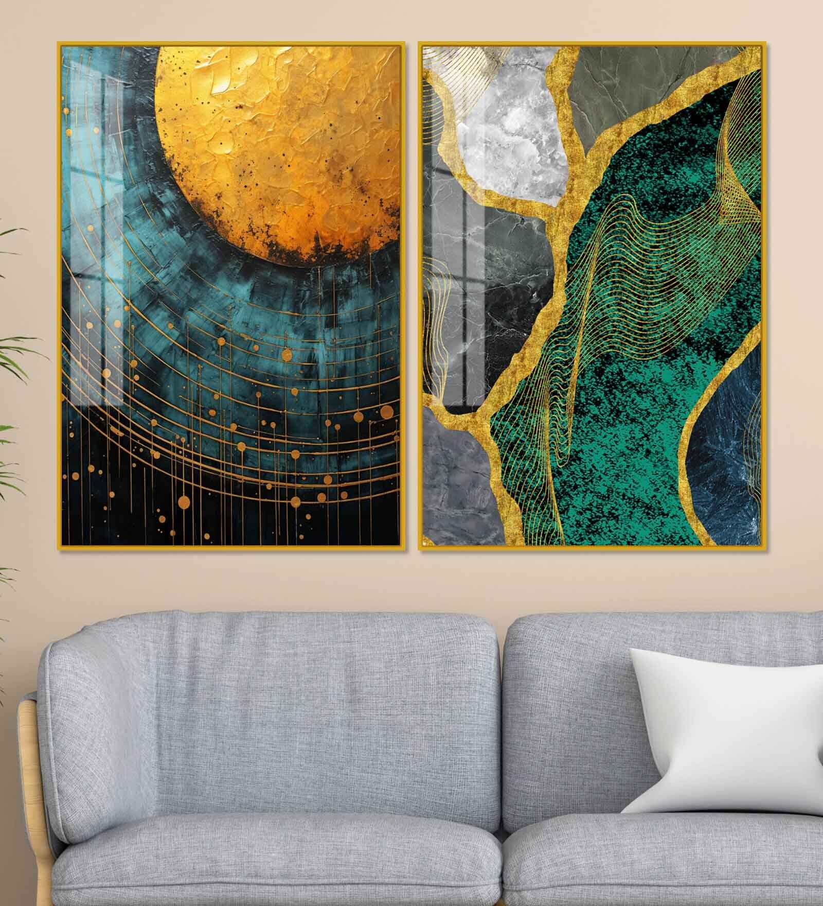 Modern Turquoise Artistic Art Acrylic Framed Art Panel (Set Of 2)