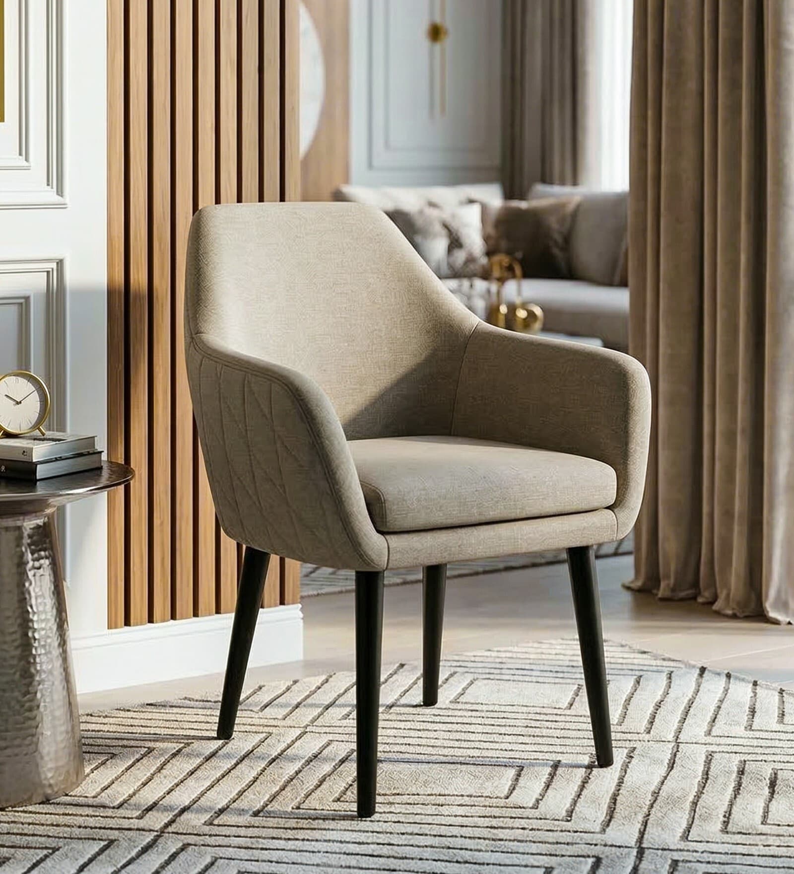 Classic Modern Arm Dining Chair With Black Iron Legs In Grey Color