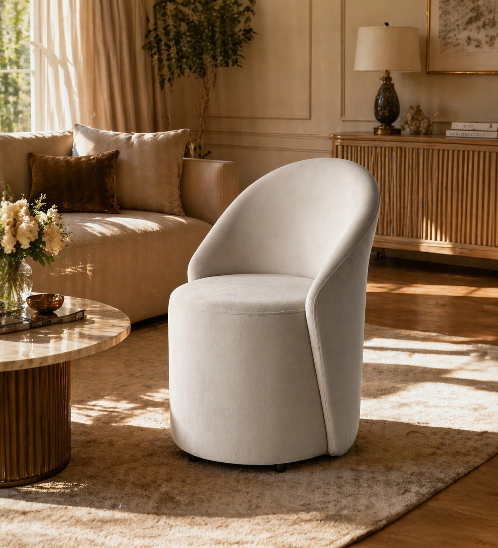 Modern Upholstered Curved Barrel Chair In Beige Colour Modern Upholstered Curved Barrel Chair In Beige Colour