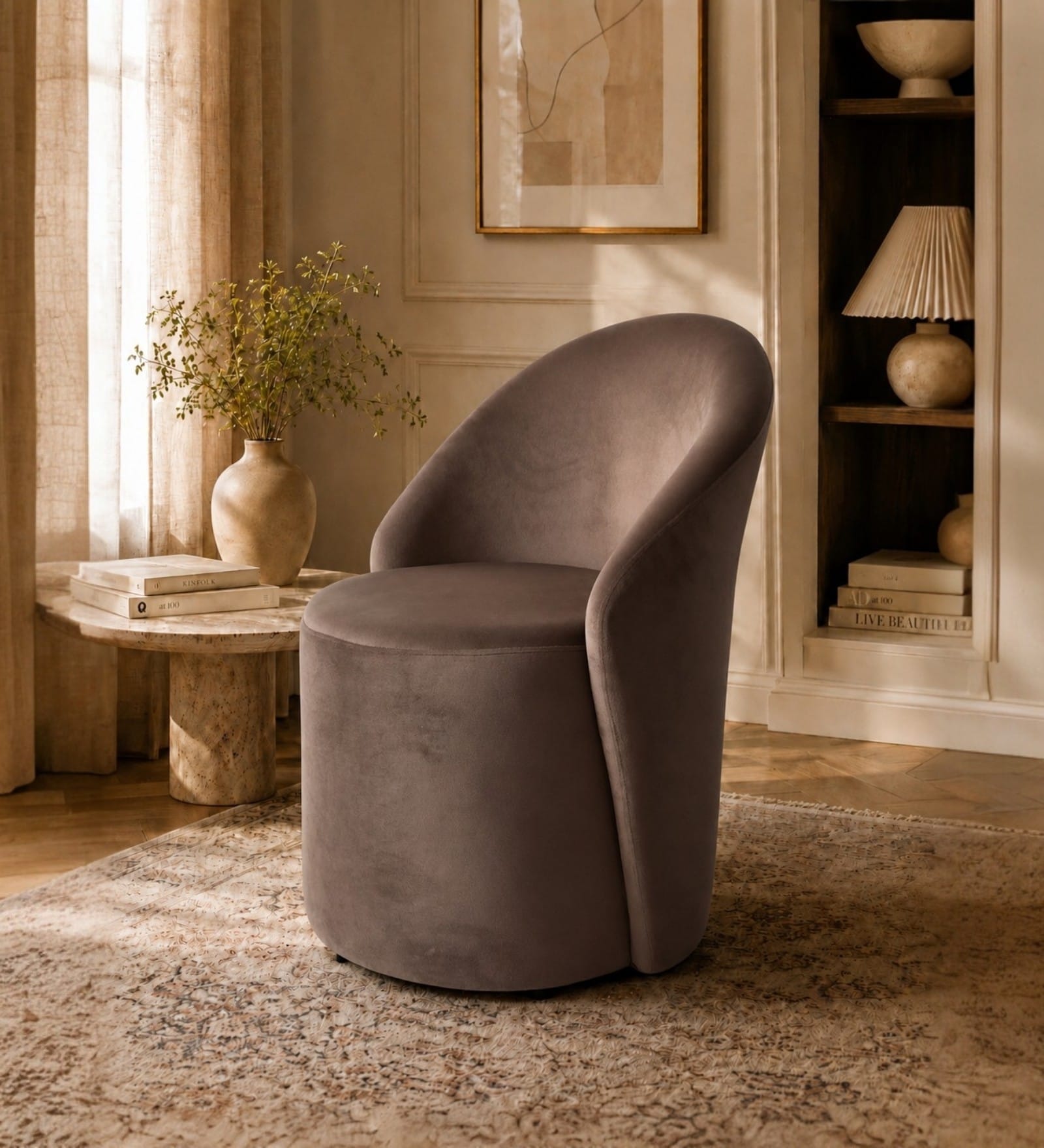 Modern Upholstered Curved Barrel Lounge Chair In Brown Colour Modern Upholstered Curved Barrel Lounge Chair In Brown Colour