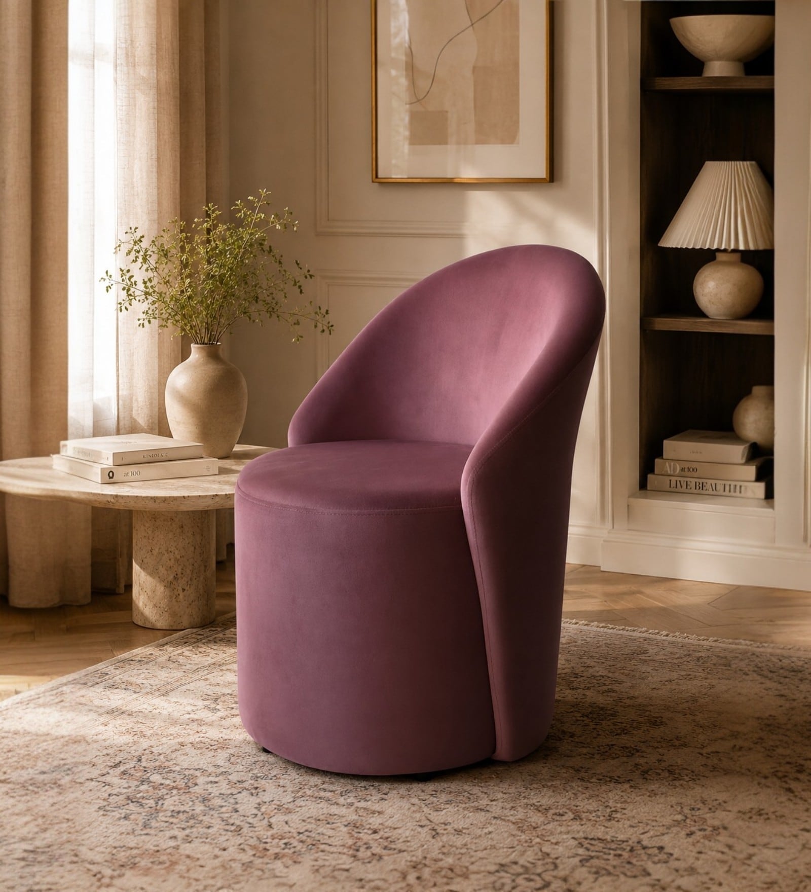 Modern Upholstered Curved Barrel Lounge Chair In Pink Colour Modern Upholstered Curved Barrel Lounge Chair In Pink Colour