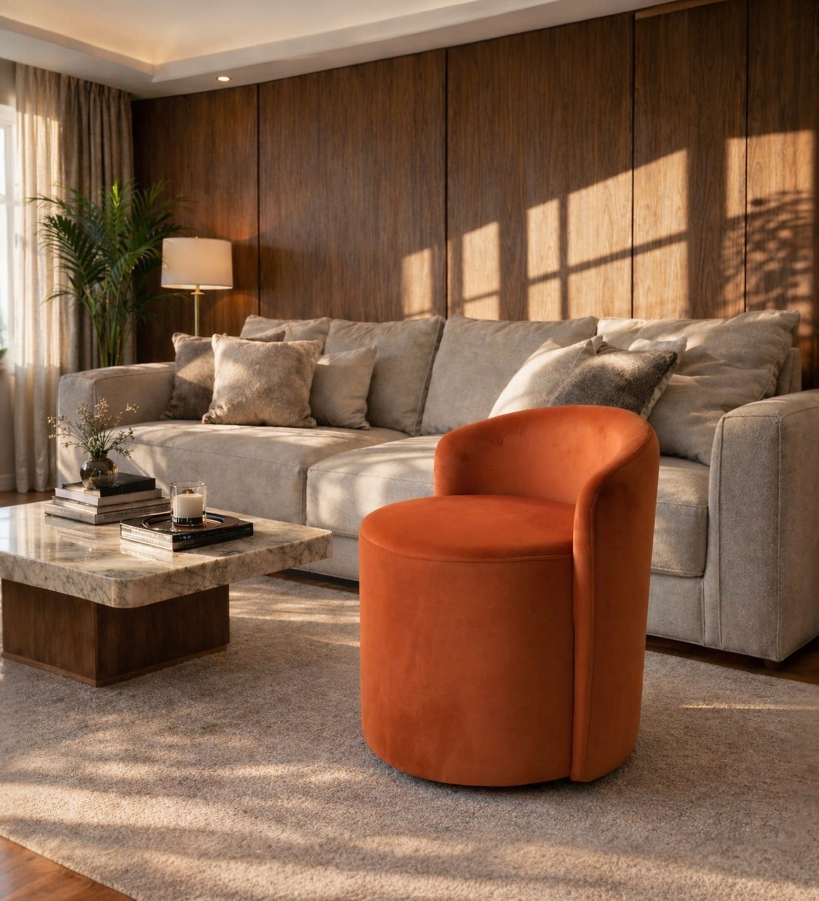 Modern Upholstered Slipper Curved Pattern Chair  In Orange Colour