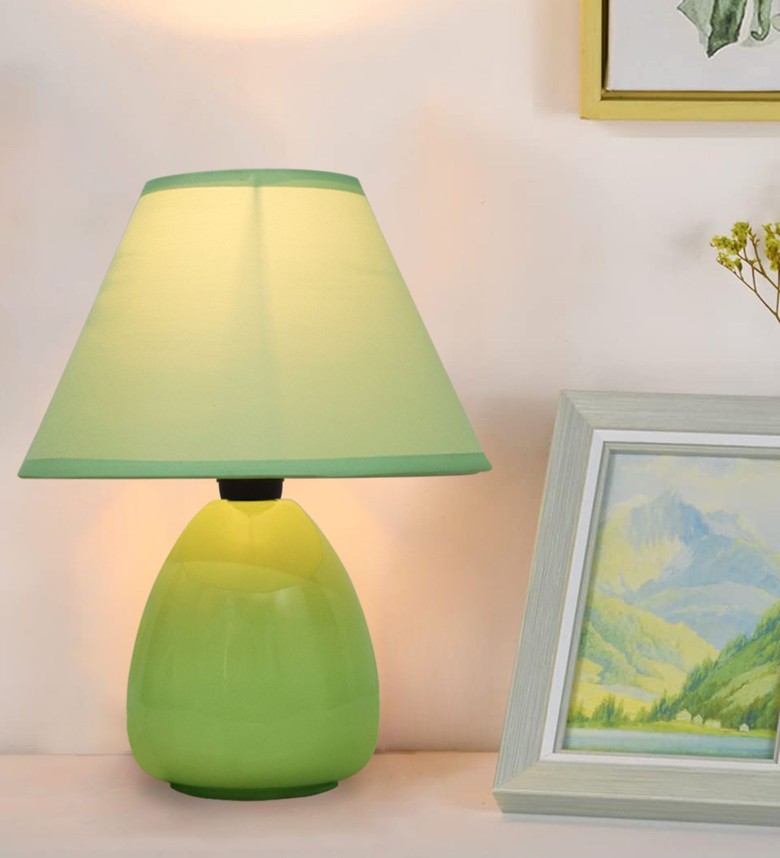 Buy Modern Urn Small Ceramic Night Table Lamp with Green Fabric Shade at 67 OFF by Homesake