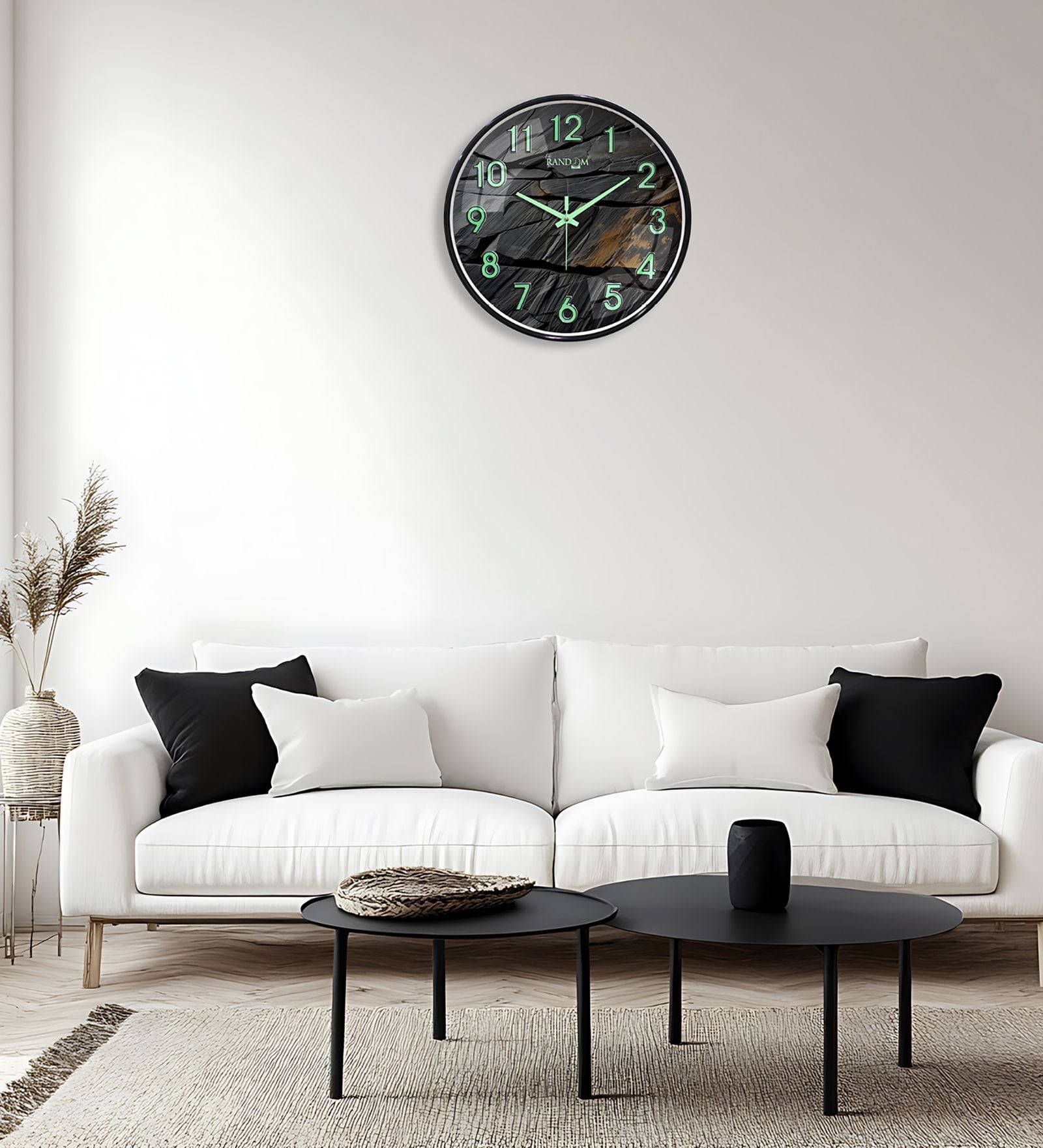 Black Metallic Modern Wall Clock With 3D Radium Numbers (13 Inch)