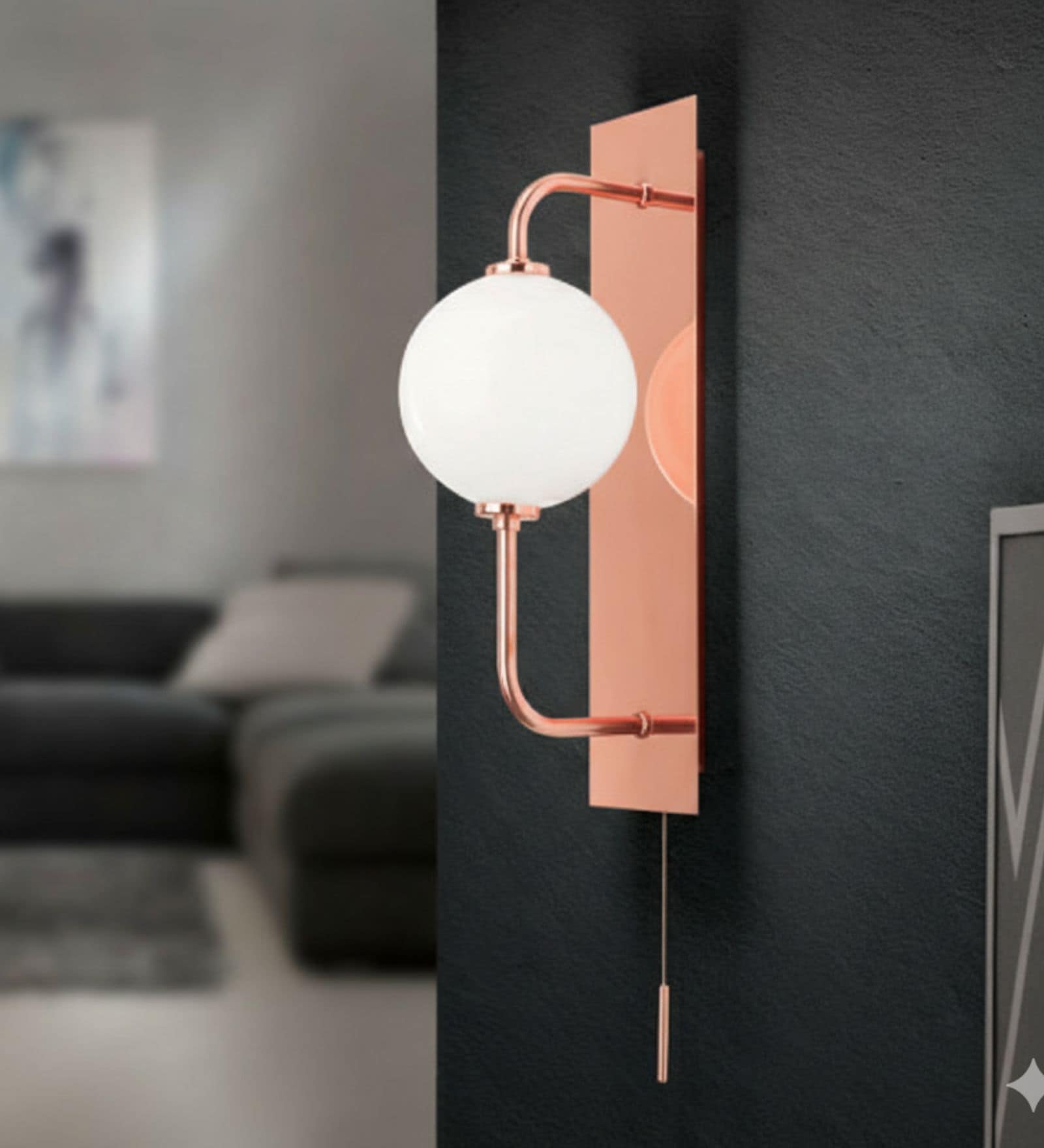 Modern Wall Light with Opal Glass Globe & Rose Gold Finish