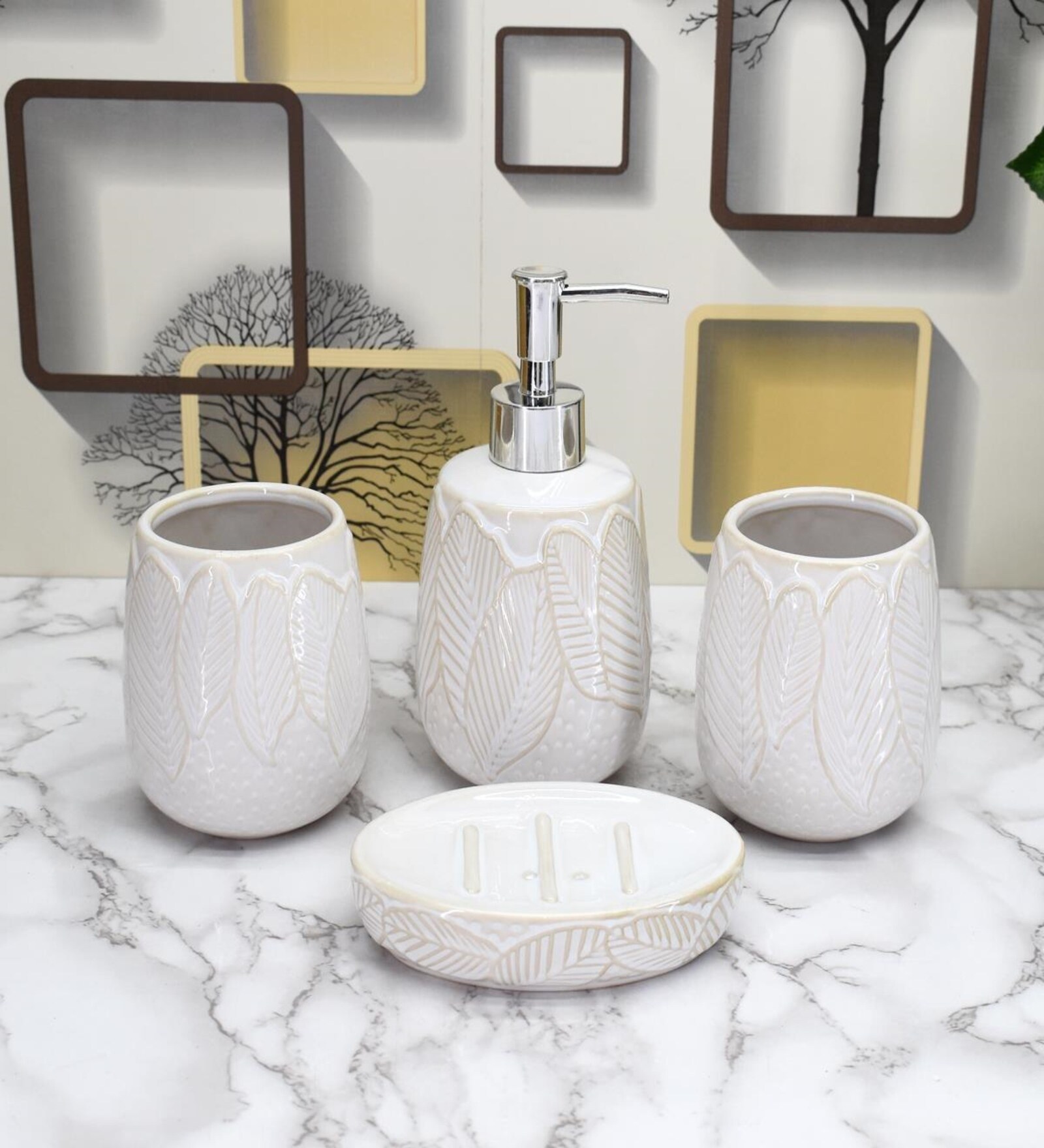 Modern White Ceramic Set of 4 Bath Accessories Set 
