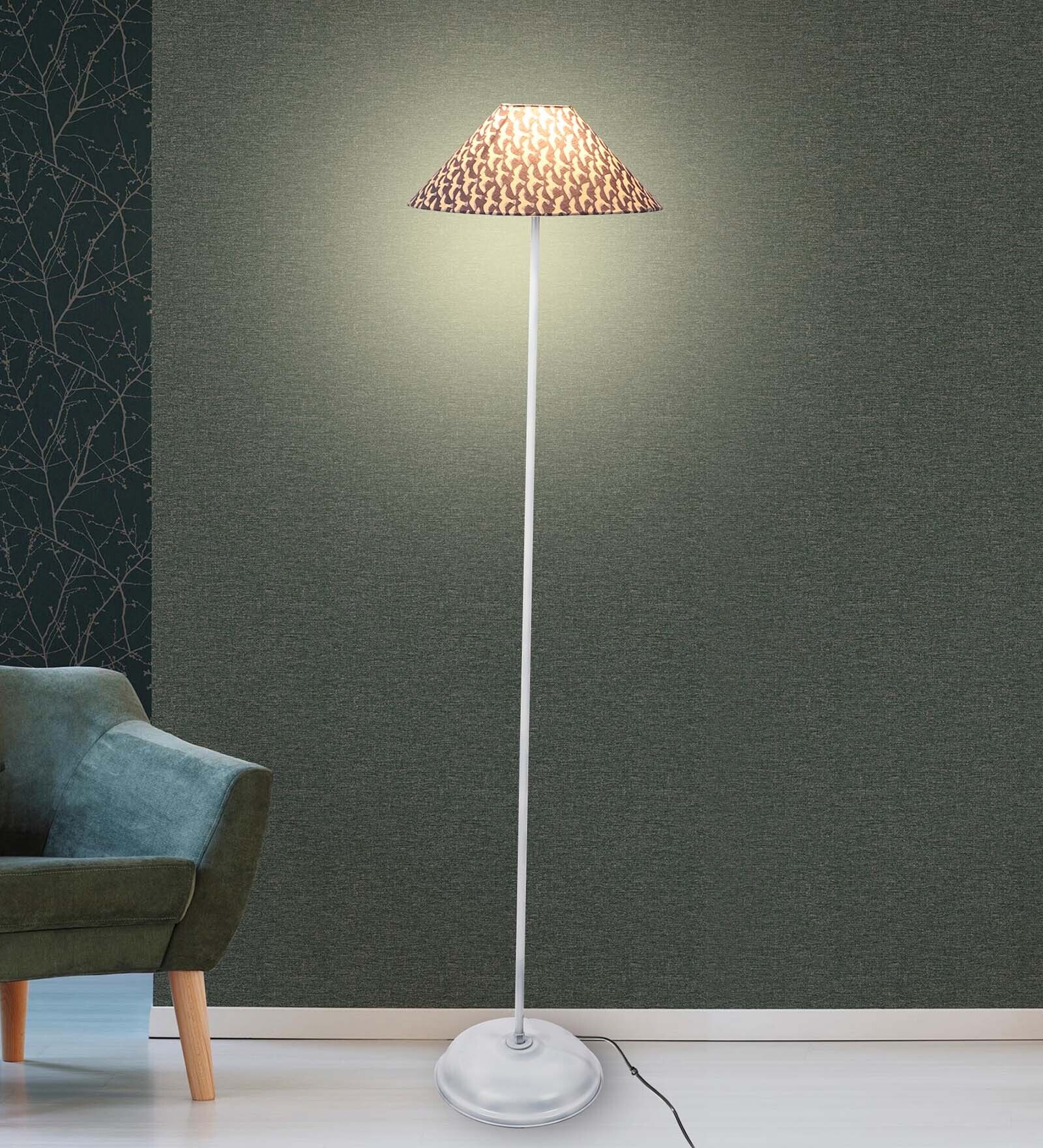 Modern White Metal Floor Lamp with Flocking birdsl print Shade