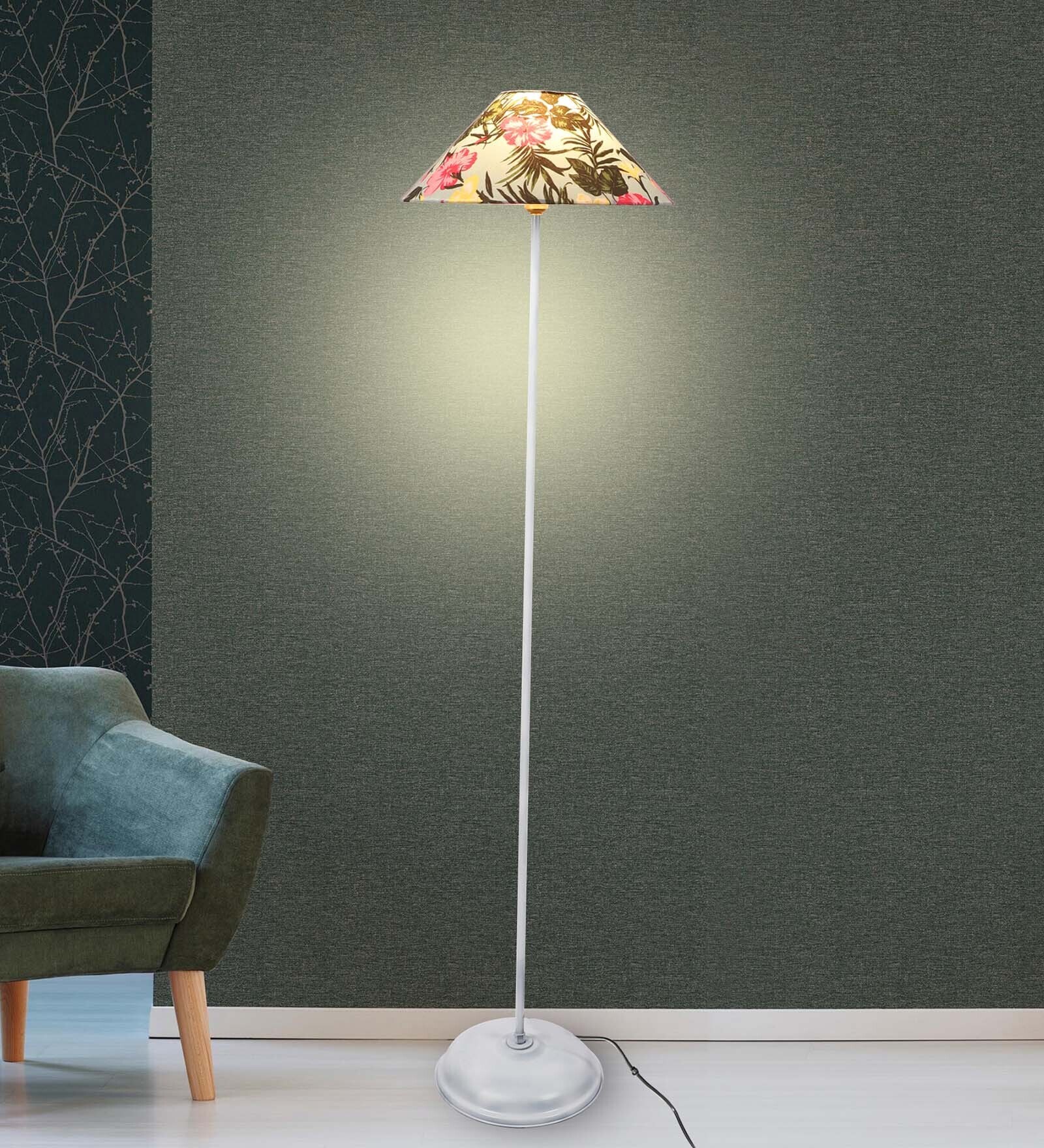 Blue & Green Cotton Shade Club Floor Lamp With Iron Base