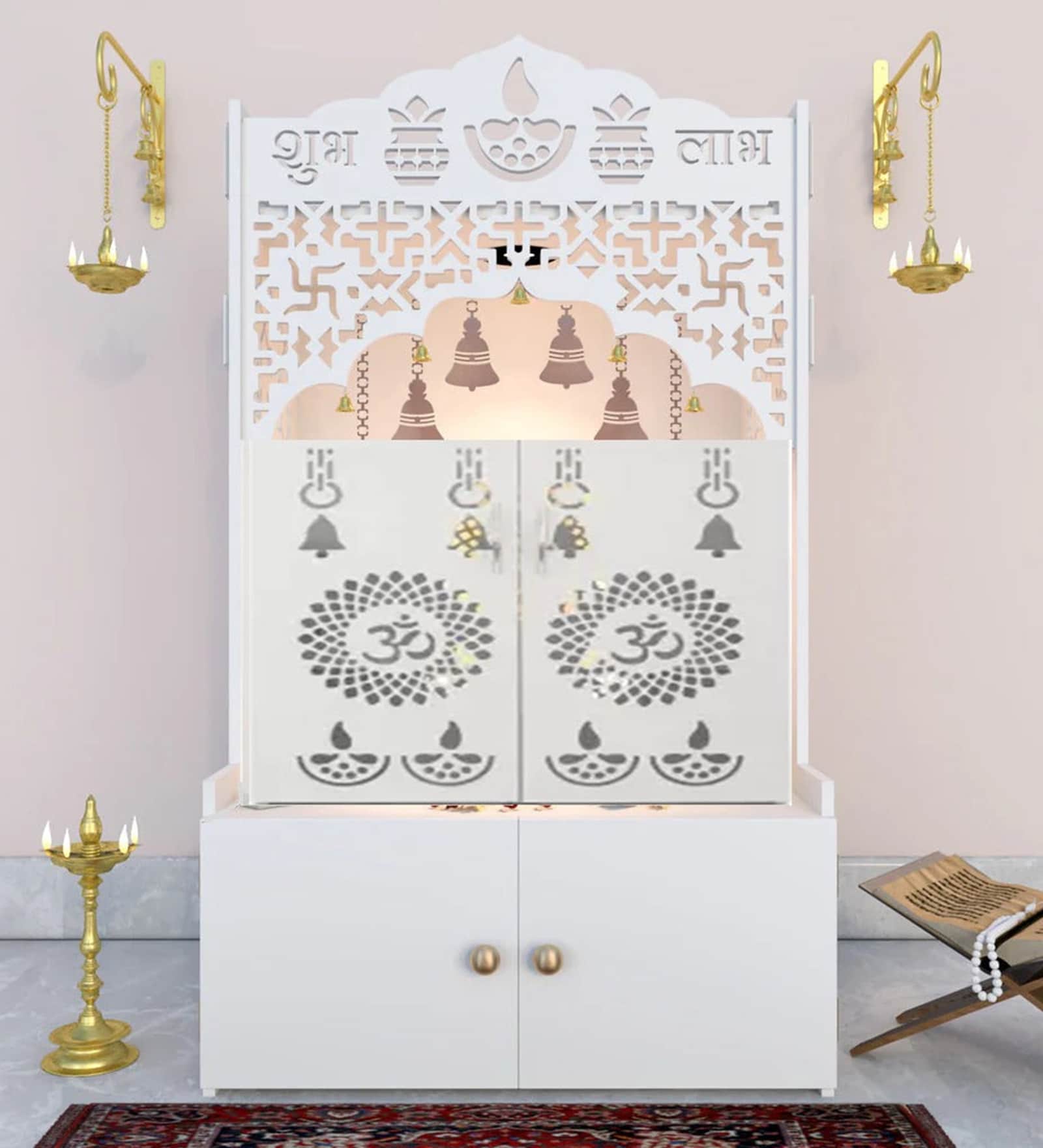 Modern White Wooden Floor Pooja Mandir with Doors Laser-Cut Om & Diya Design with Storage Cabinet