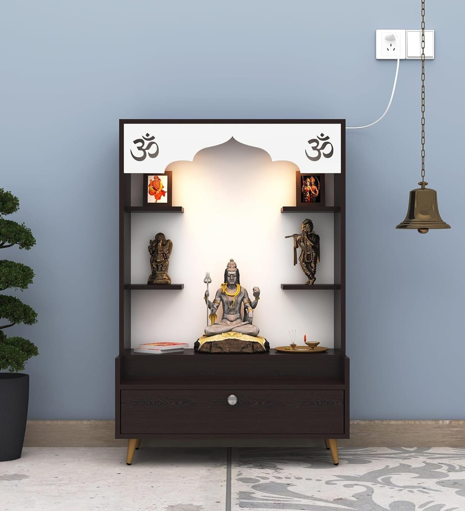 Modern Wooden Floor Pooja Mandir in Dark Finish with Open Shelves Om Engraving & Pull-Out Storage Drawer