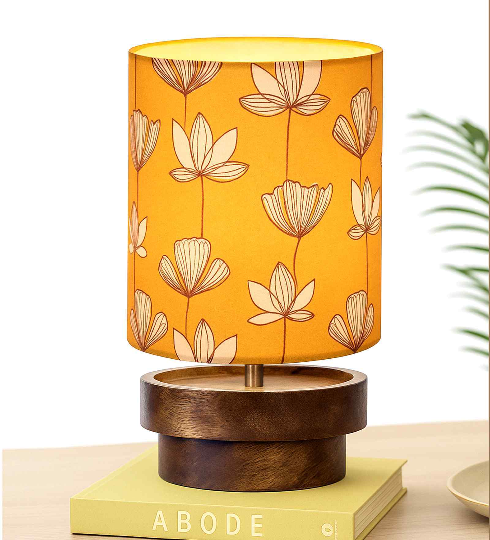 Modern Zen Wooden Lampshade Nightstand Lamp with Antique Base, Concentric Design, Hibiscus Shade