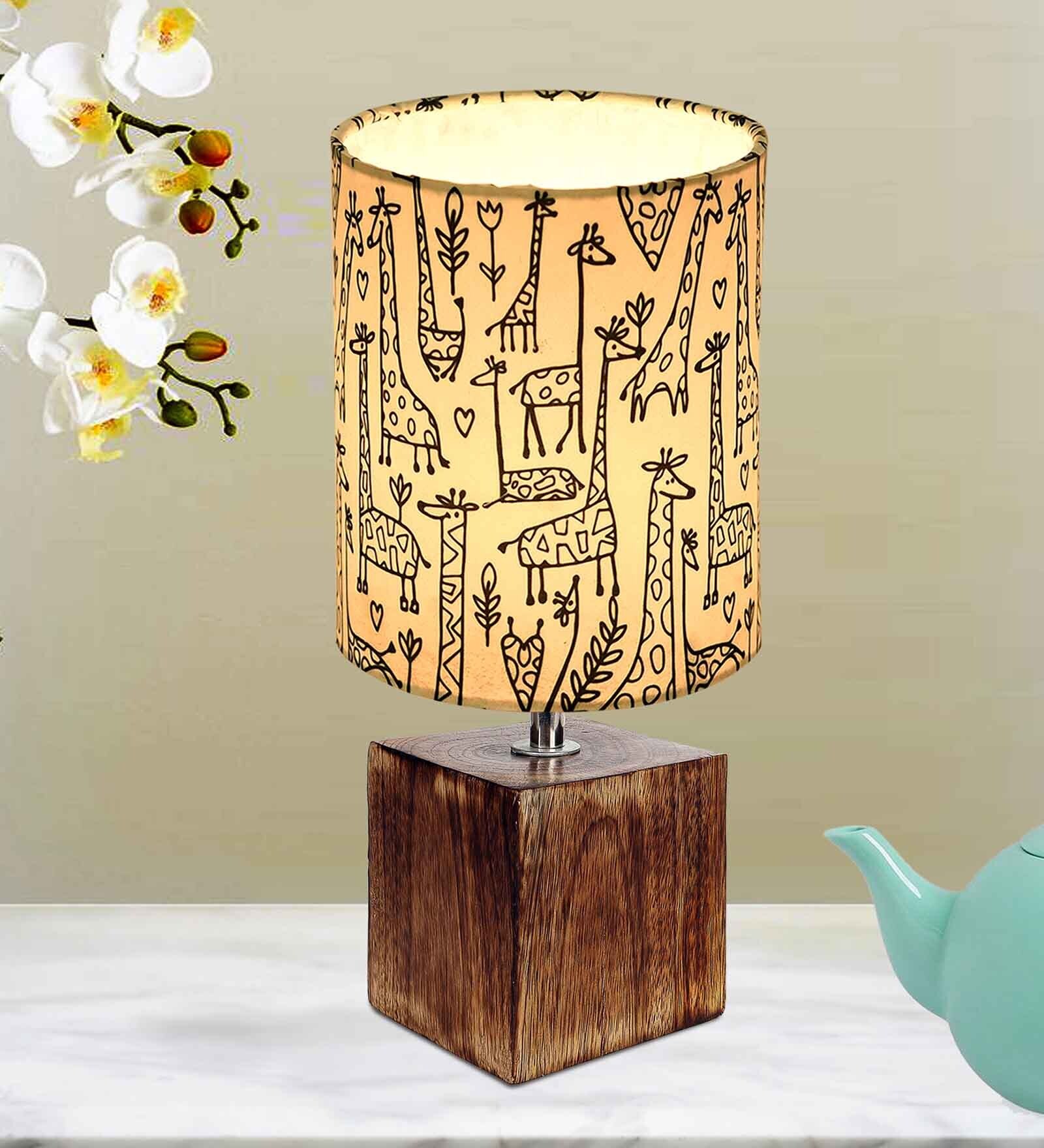 Modern Zen Wooden Lampshade Nightstand Lamp with Antique Base, Cube Design, Savanna Shade