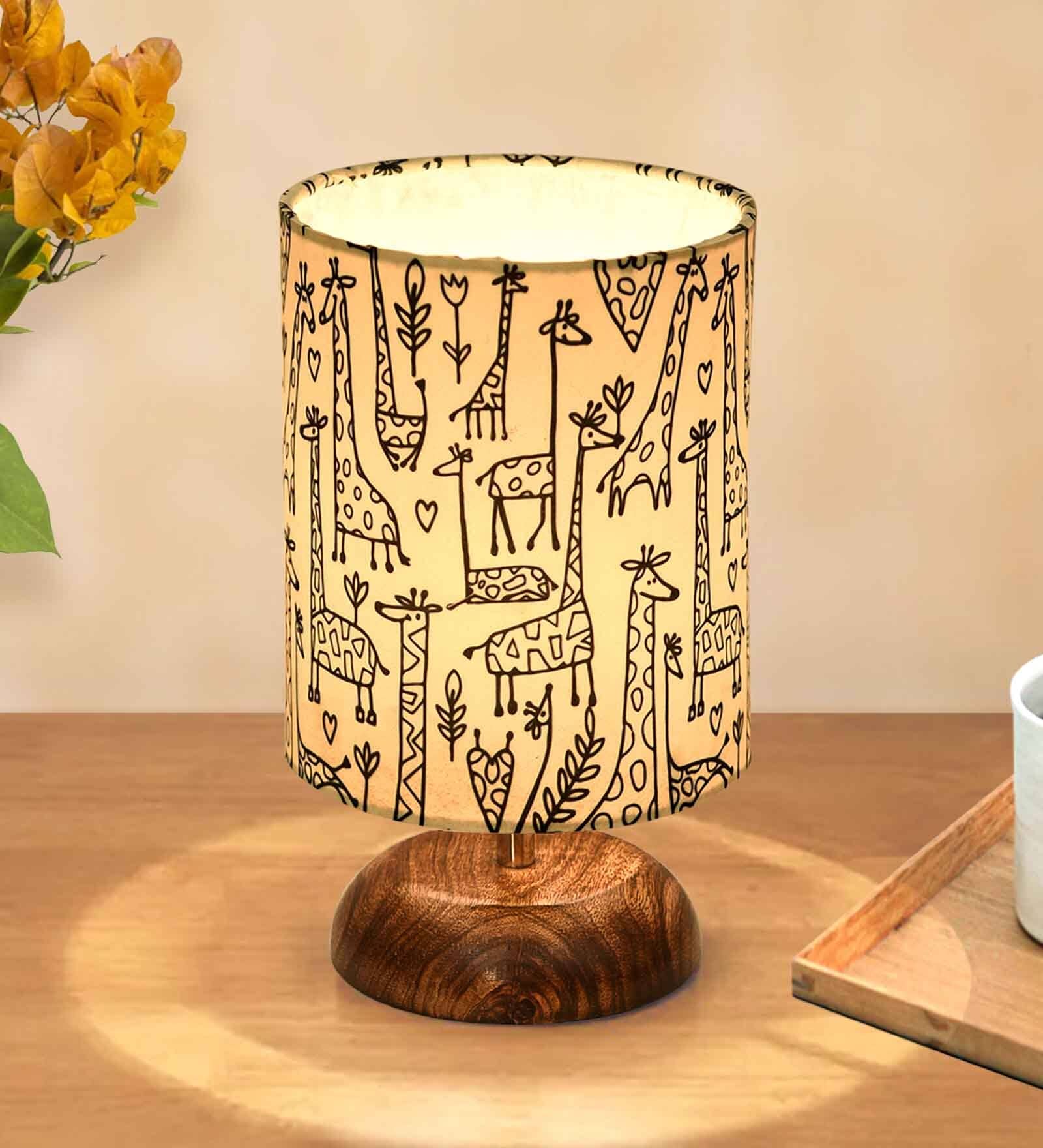 Modern Zen Wooden Lampshade Nightstand Lamp with Antique Base, Pebble Design, Savanna Shade