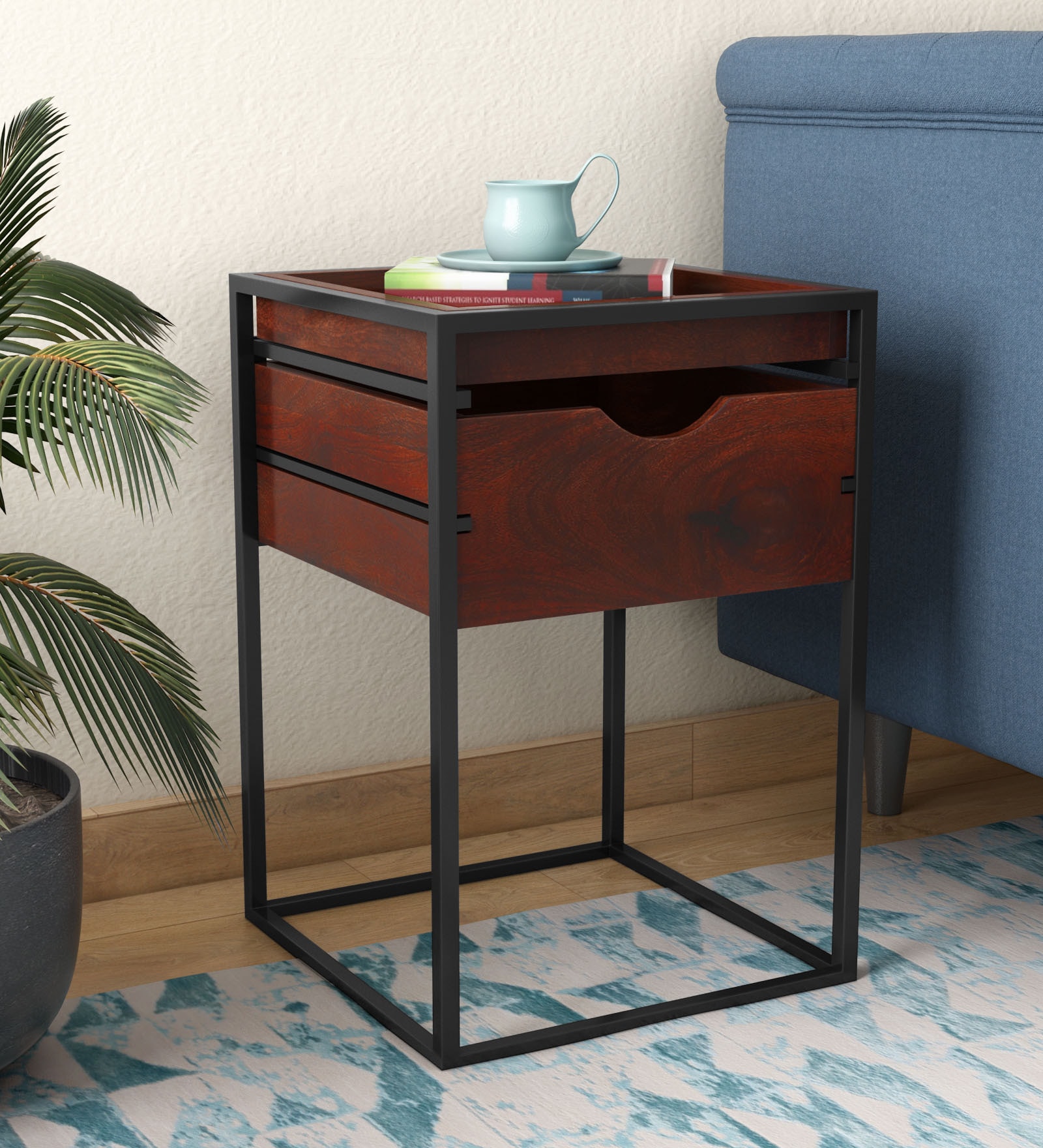 Laswell Solid Wood End Table In Black & Honey Oak Finish