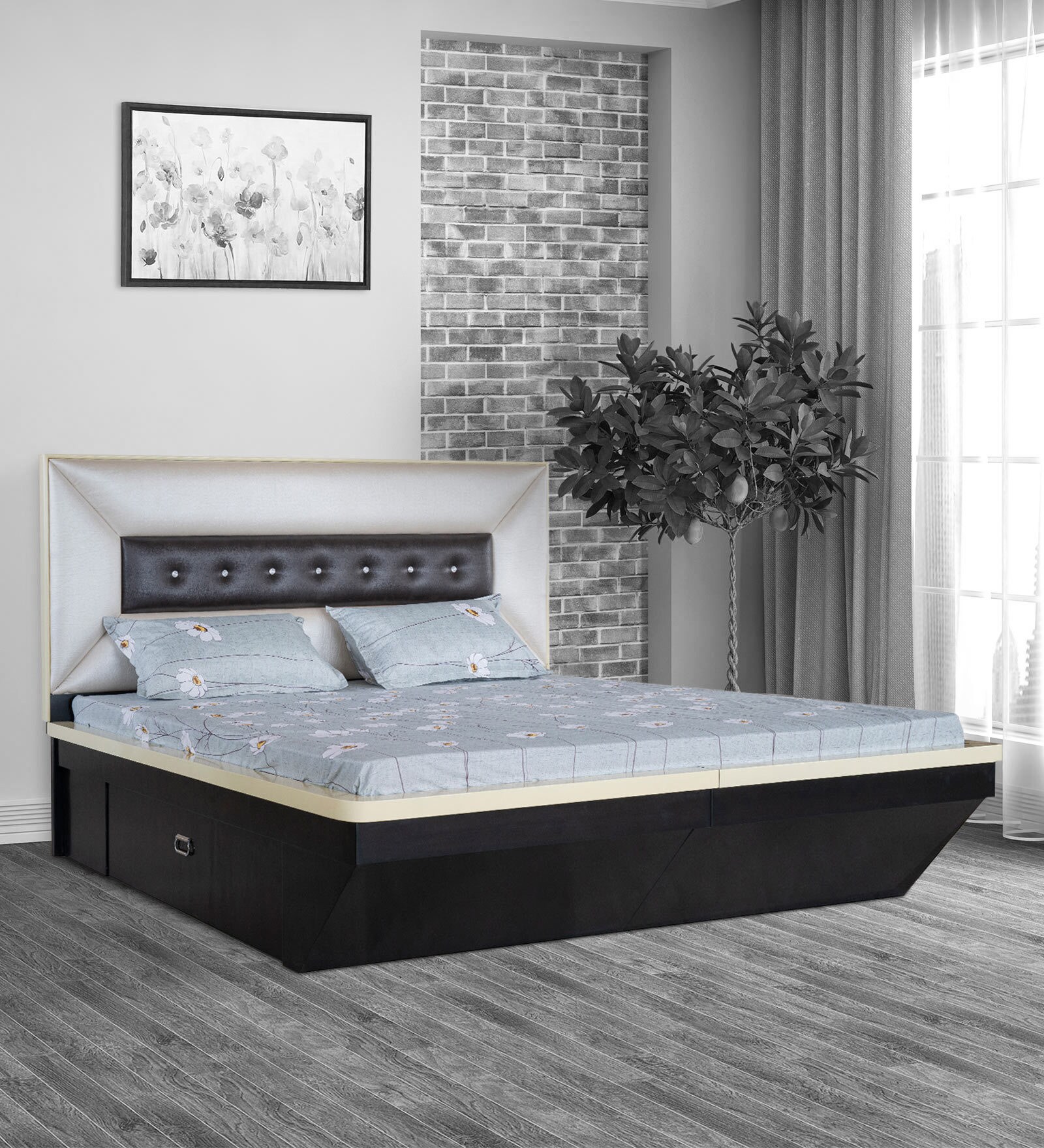 Moglie King Size Bed With Storage In Dark Walnut & Ivory Deco Finish Moglie King Size Bed With Storage In Dark Walnut & Ivory Deco Finish