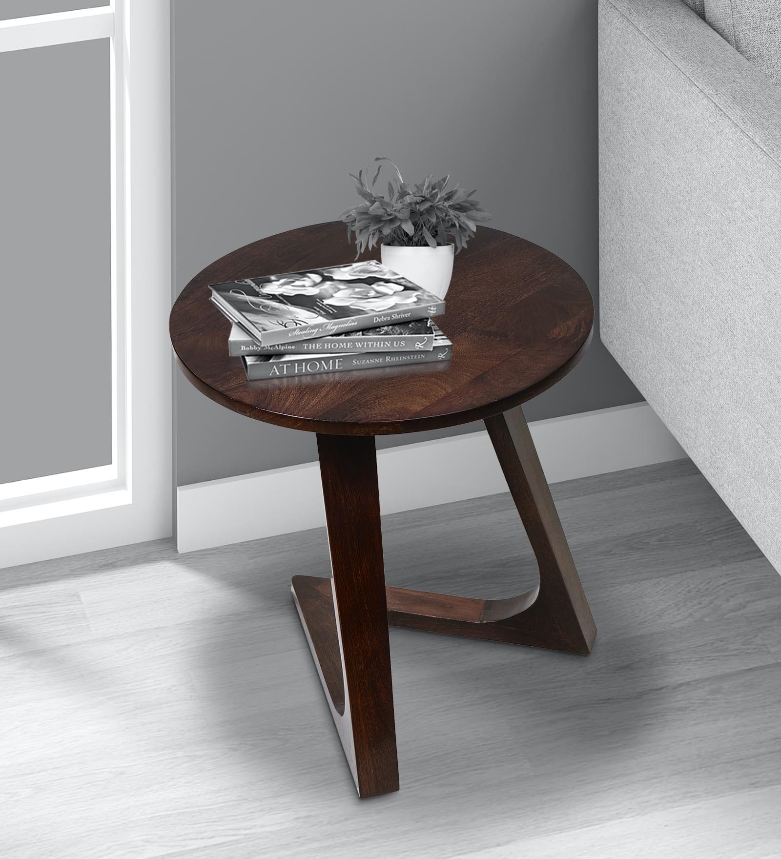 Moheli Solid Wood C-Shape End Table in Pitch Walnut Finish