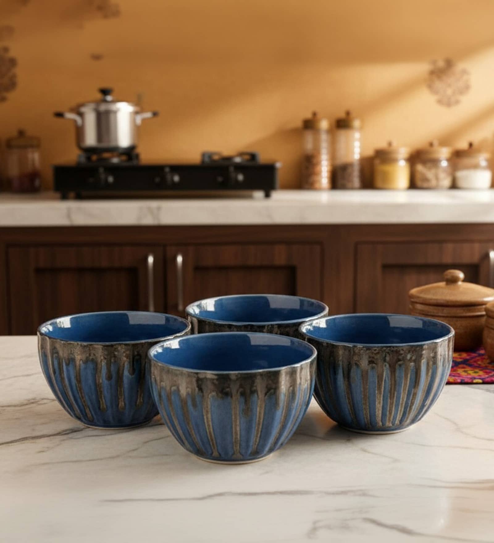 Molten Blue Ceramic Bowl Set of 4(275ml Each)