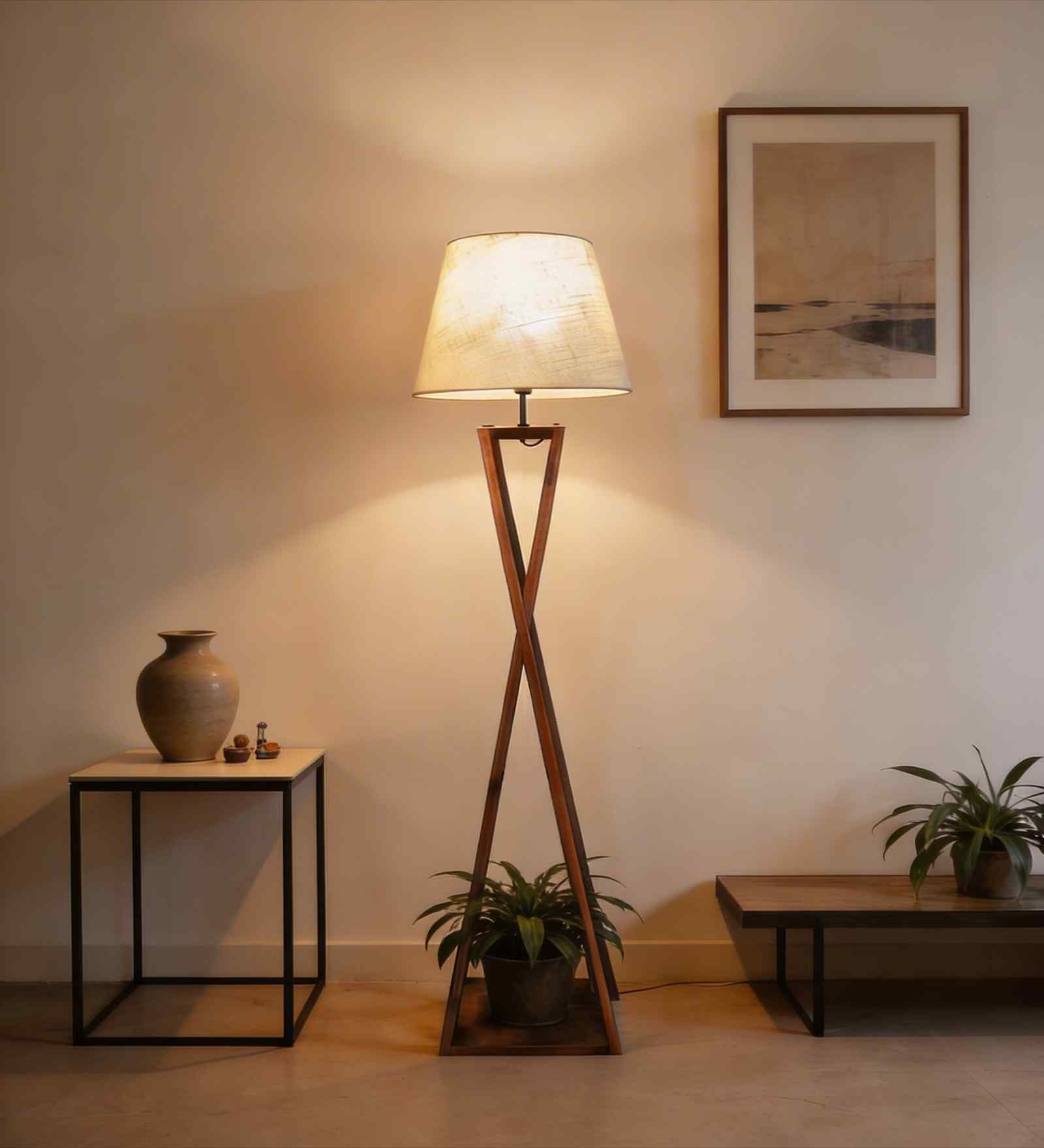 Monica Wooden Floor Lamp with Jute Shade & Brown Base