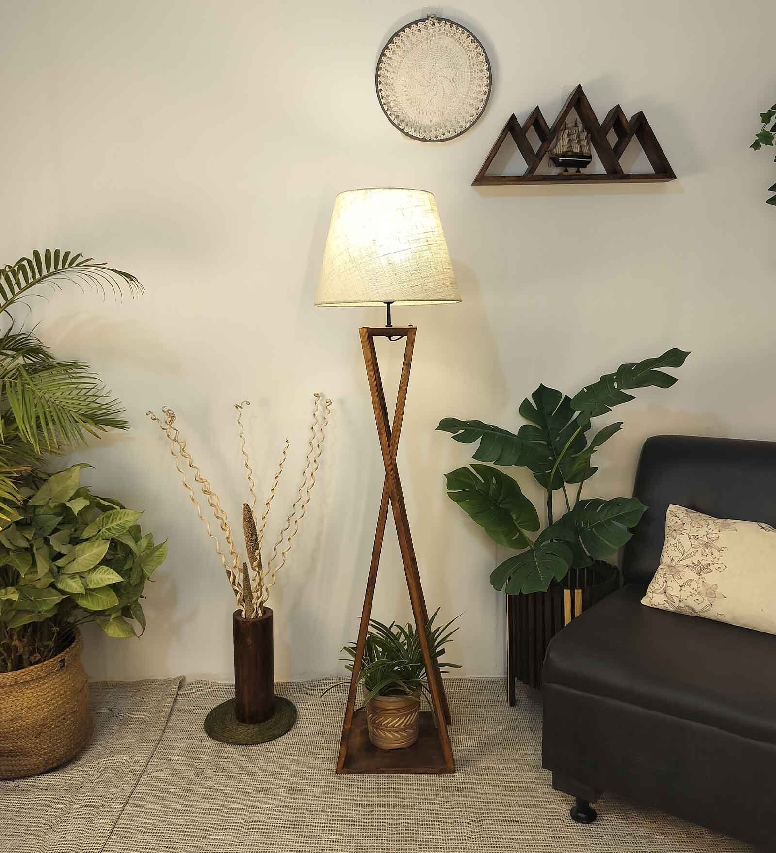 Monica Wooden Floor Lamp with Jute Shade & Brown Base 