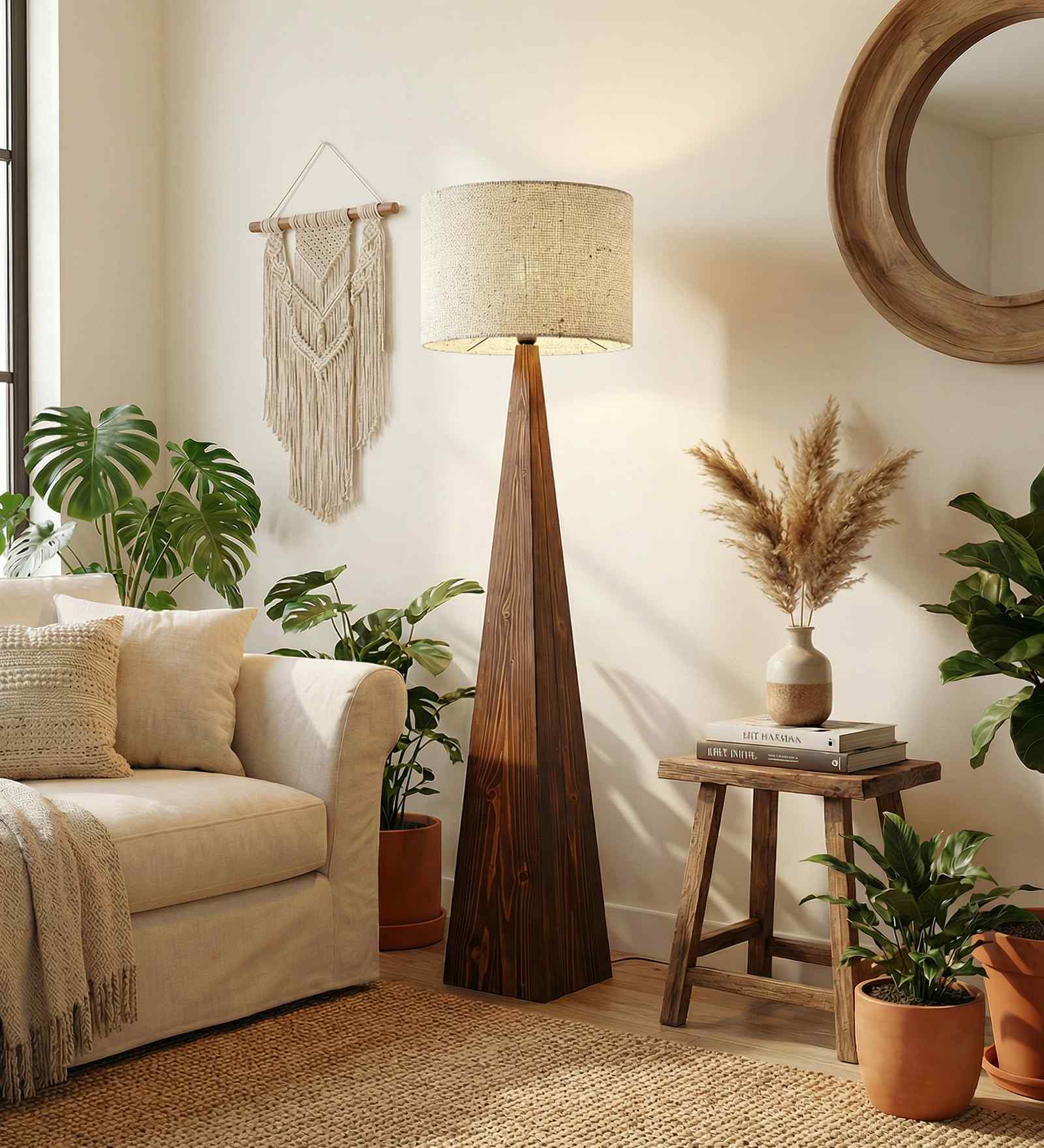 Monolith Wooden Floor Lamp with Brown Base and Jute Fabric Lampshade
