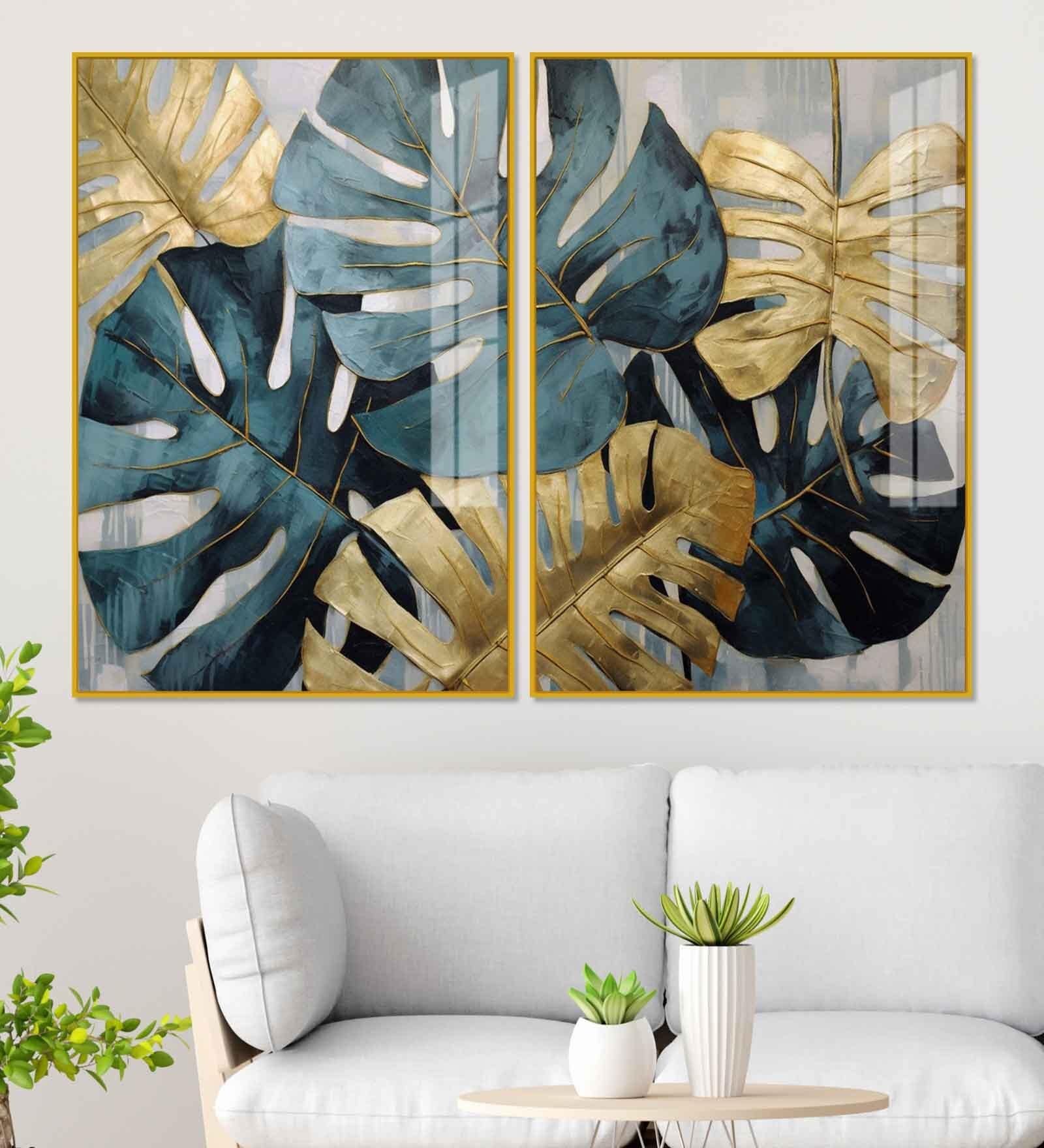 Monstera Leaves Acrylic Framed Art Panel (Set Of 2)