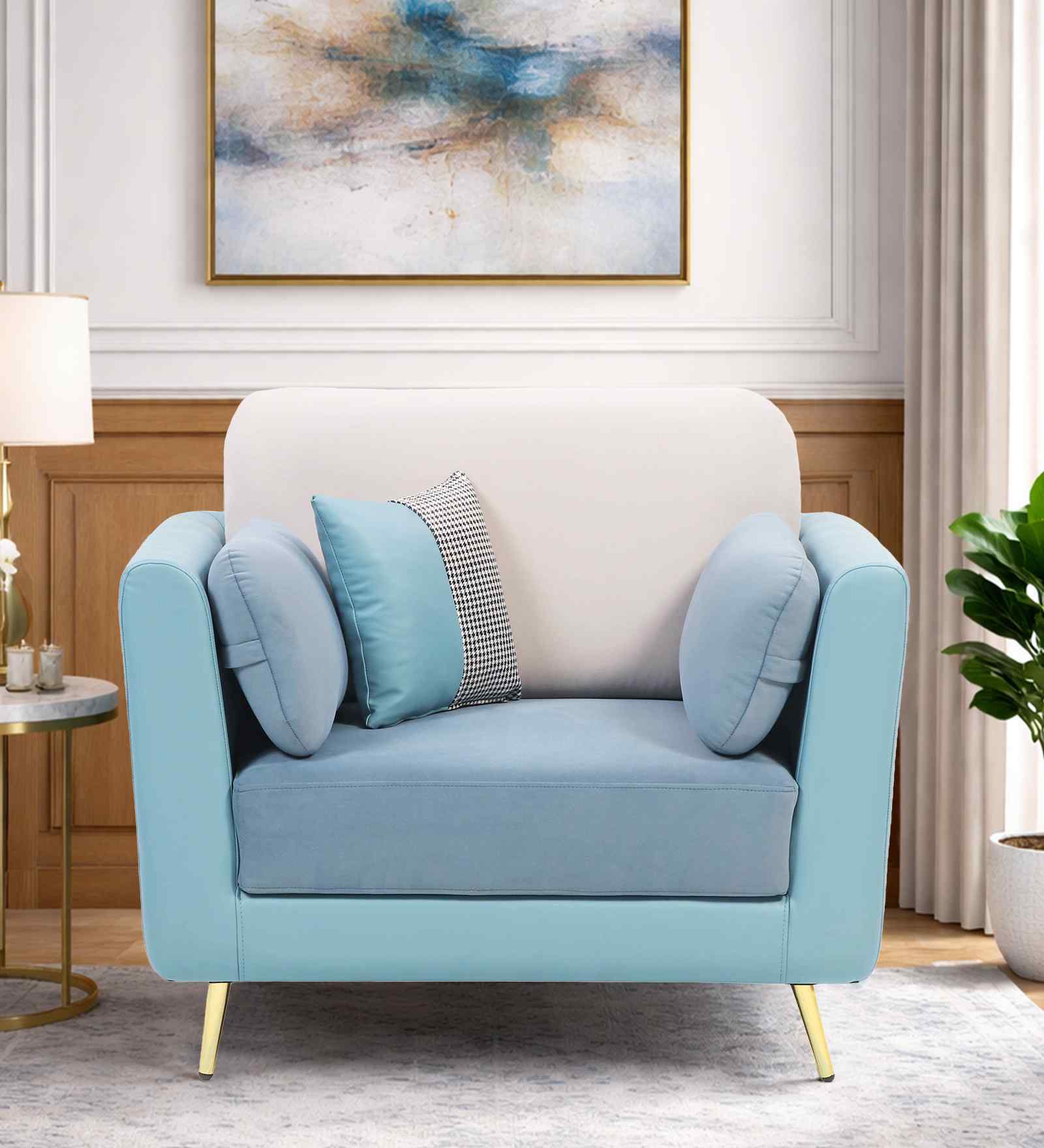 Montez Velvet 1 Seater Sofa in Arctic Blue Colour