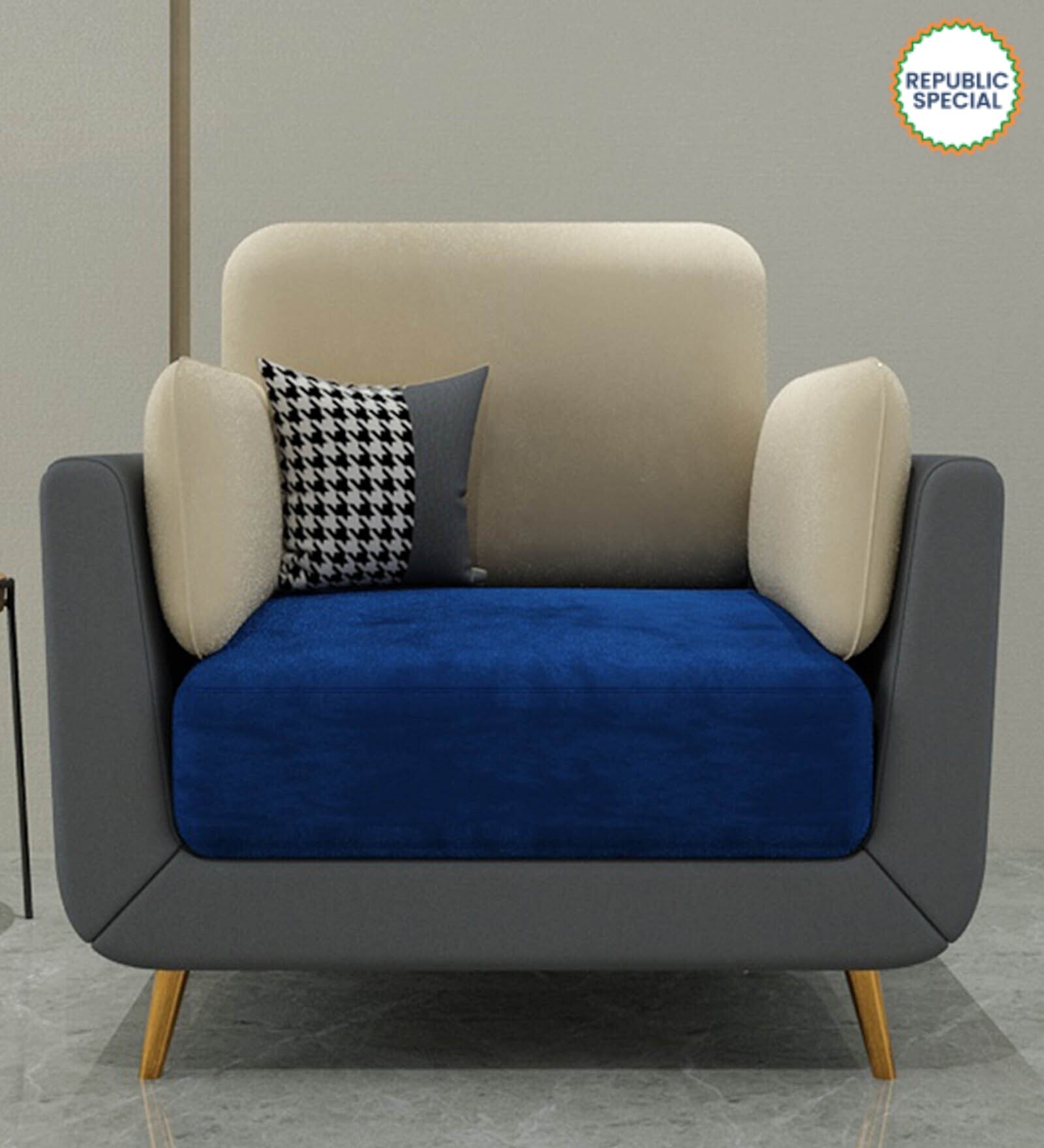 Montez Velvet 1 Seater Sofa in Blue & Beige Colour