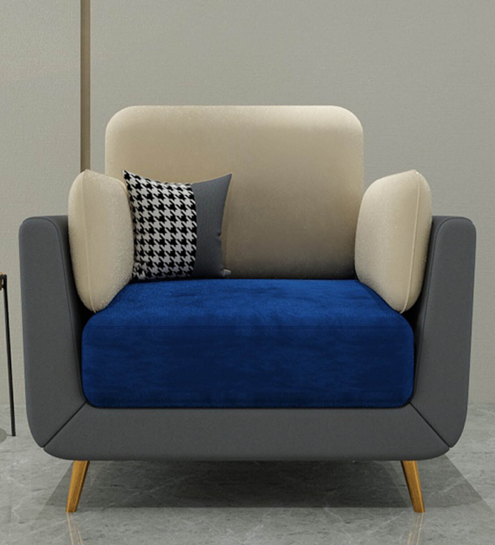 Montez Velvet 1 Seater Sofa in Blue & Beige Colour