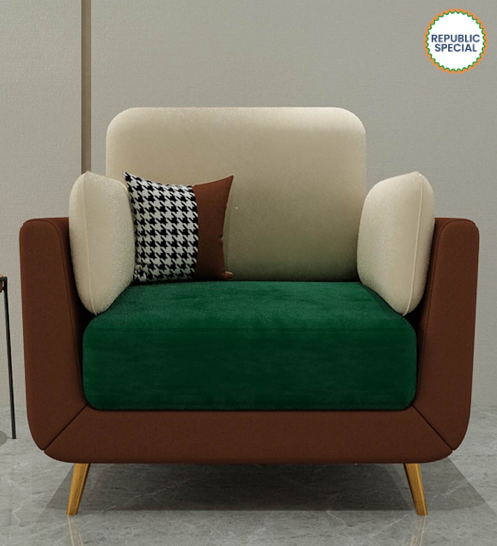 Montez Velvet 1 Seater Sofa in Green & Beige Colour