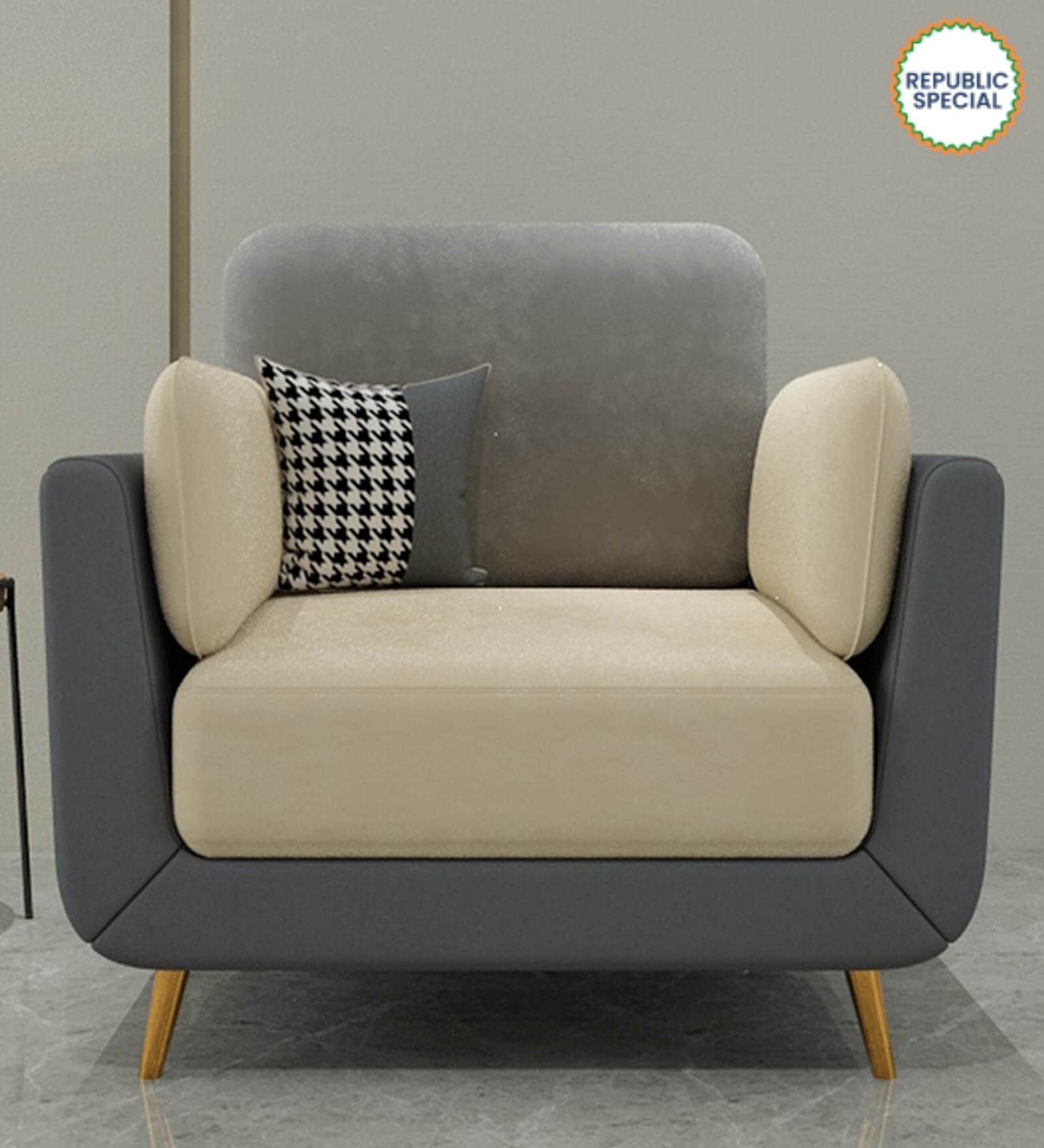 Montez Velvet 1 Seater Sofa in Grey & Beige Colour