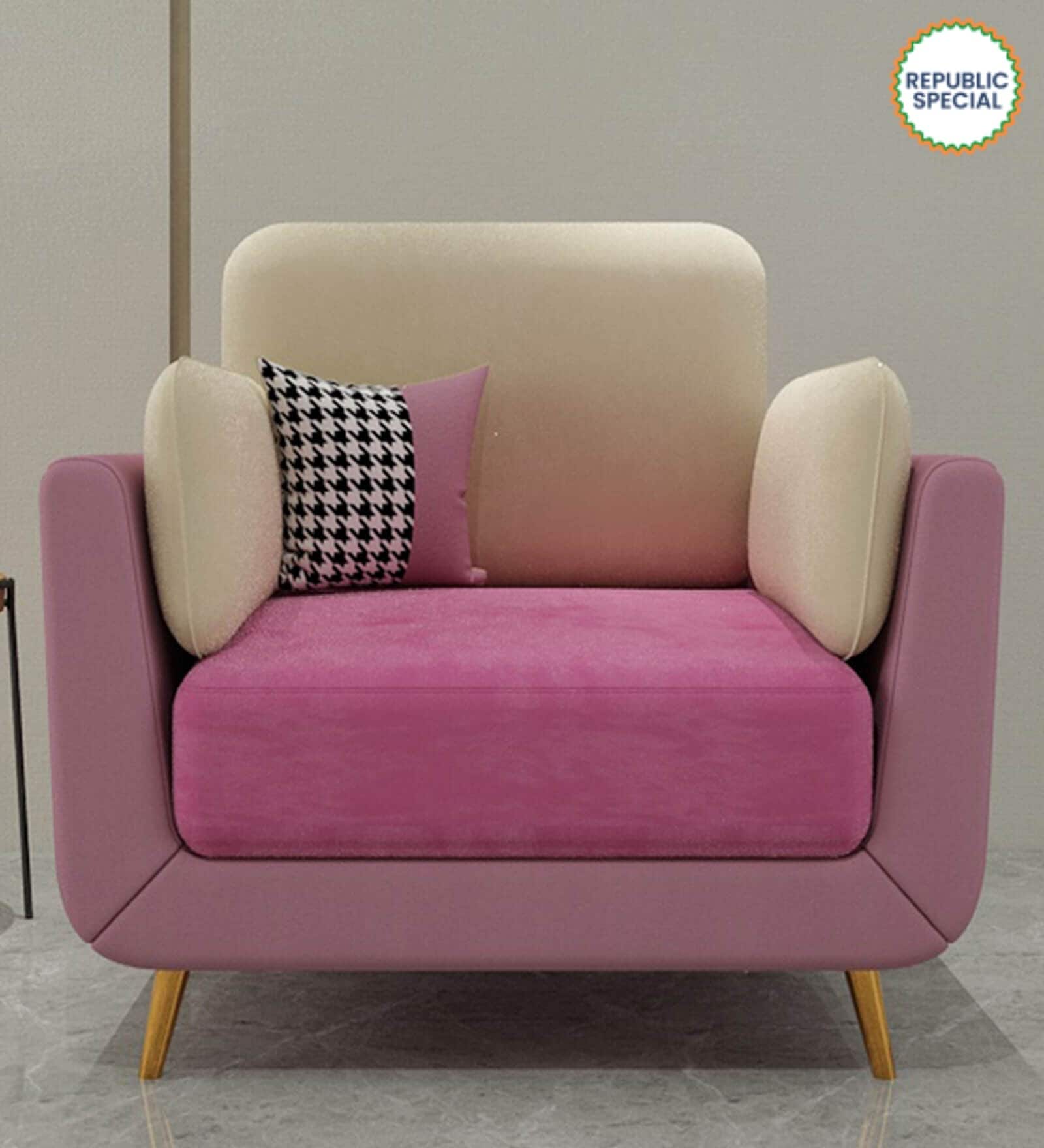 Montez Velvet 1 Seater Sofa in Pink & Beige Colour