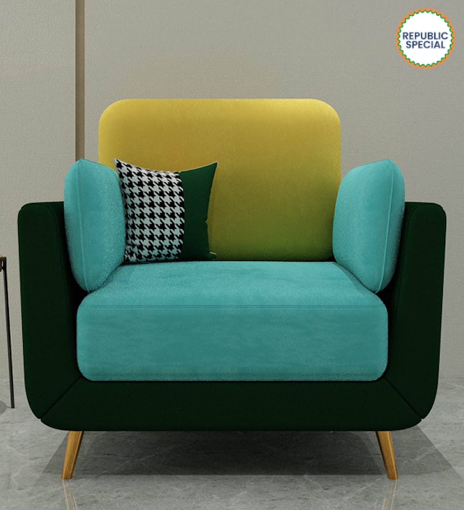 Montez Velvet 1 Seater Sofa in Turquoise & Green Colour